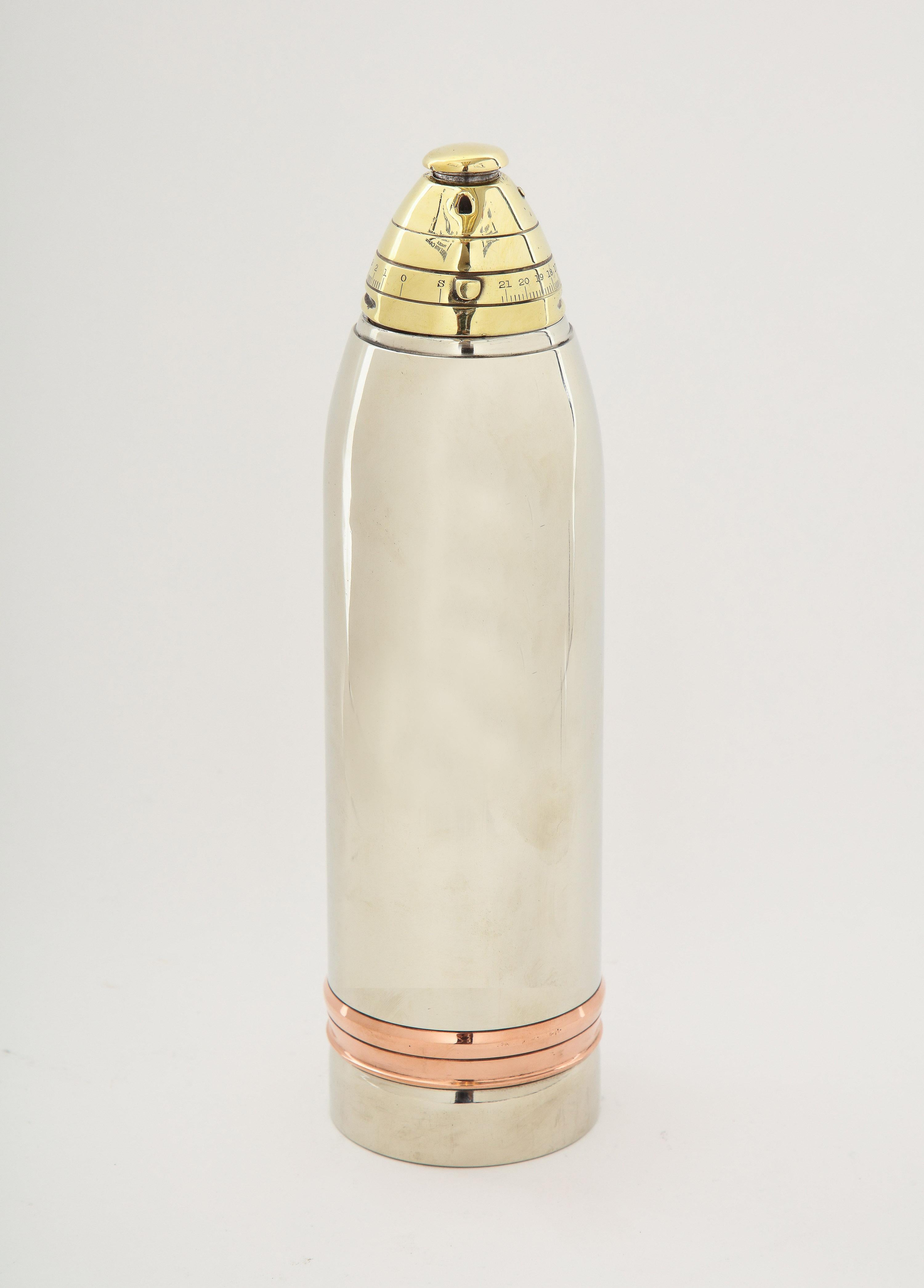 Gorham, a rare artillery shell cocktail Shaker, circa 1918

Made by the Gorham Silver Company, This Shaker is one of the most famous models ever produced and, as a drink-making kit, it is a model of efficiency. Very sleek and modern design.