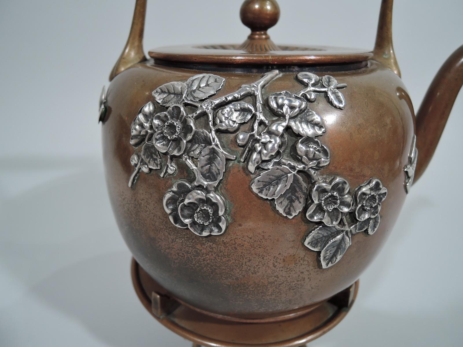 American Gorham Aesthetic Japonesque Mixed Metal on Copper Tea Kettle on Stand