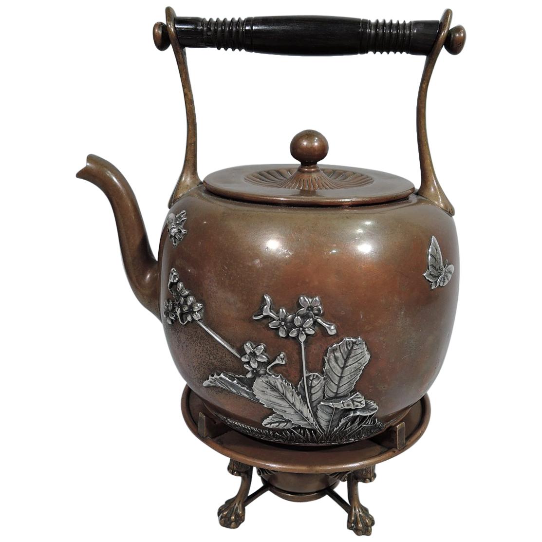 Gorham Aesthetic Japonesque Mixed Metal on Copper Tea Kettle on Stand