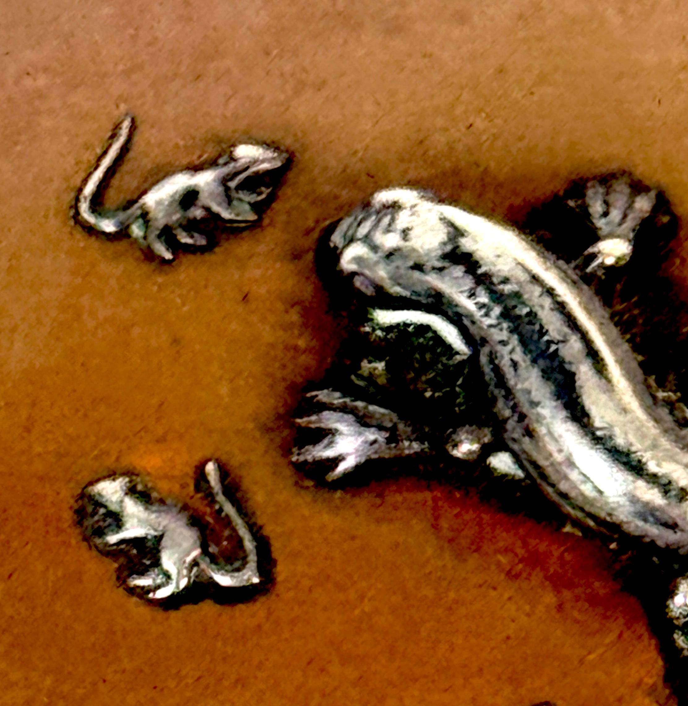 Forged Gorham Aesthetic Movement Sterling Mixed-Metal Box with Lizard and Mice, 1883 For Sale