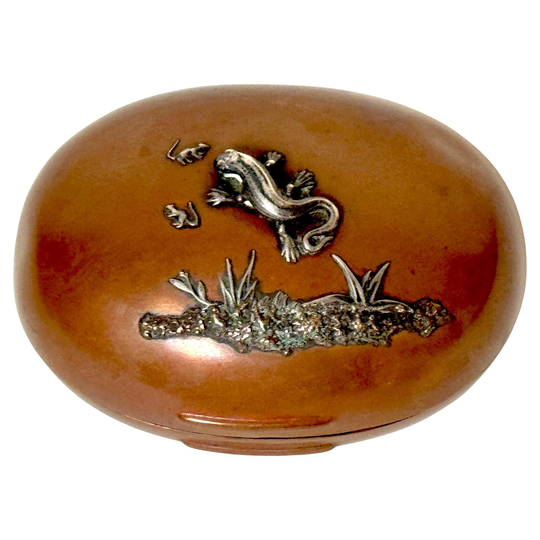 Gorham Aesthetic Movement Sterling Mixed-Metal Box with Lizard and Mice, 1883 For Sale
