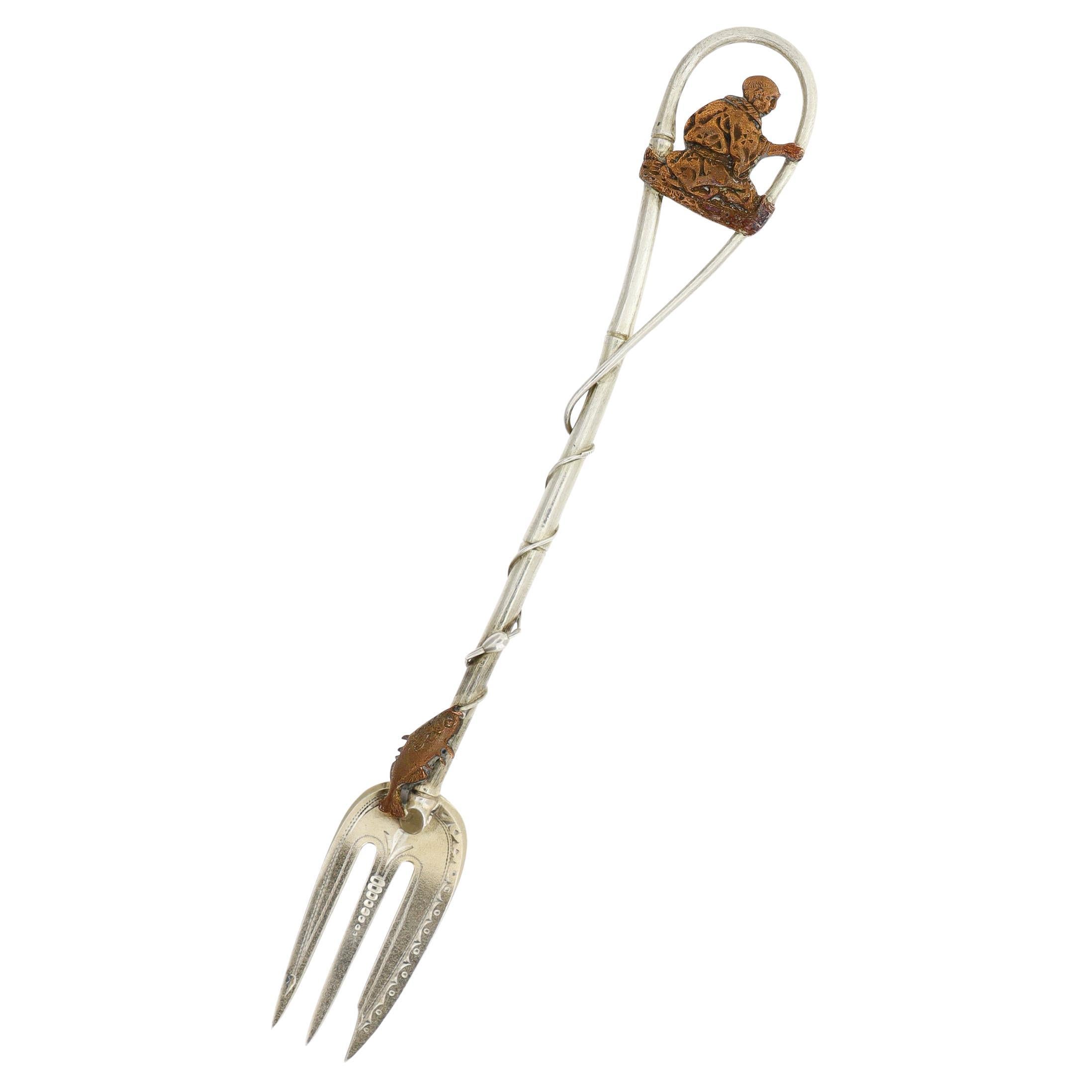 Gorham Aesthetic Sterling Silver 
Mixed Metals Fisherman 
Fish Cocktail Fork (fourchette à cocktail) en vente