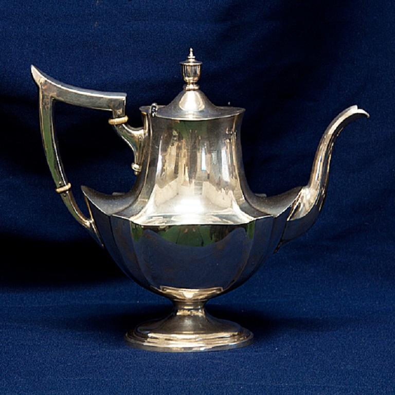 Gorham Antique Plymouth Pattern 8 Piece Silver Teapot (20.04 oz troy), Coffee pot (27.75 oz troy), Creamer (7.27 oz troy), Sugar Bowl w/lid (13.47 oz troy), & Waste Pot (7.27 oz troy) Silver Kettle with stand and  burner (47.17 oz. troy), and Tray