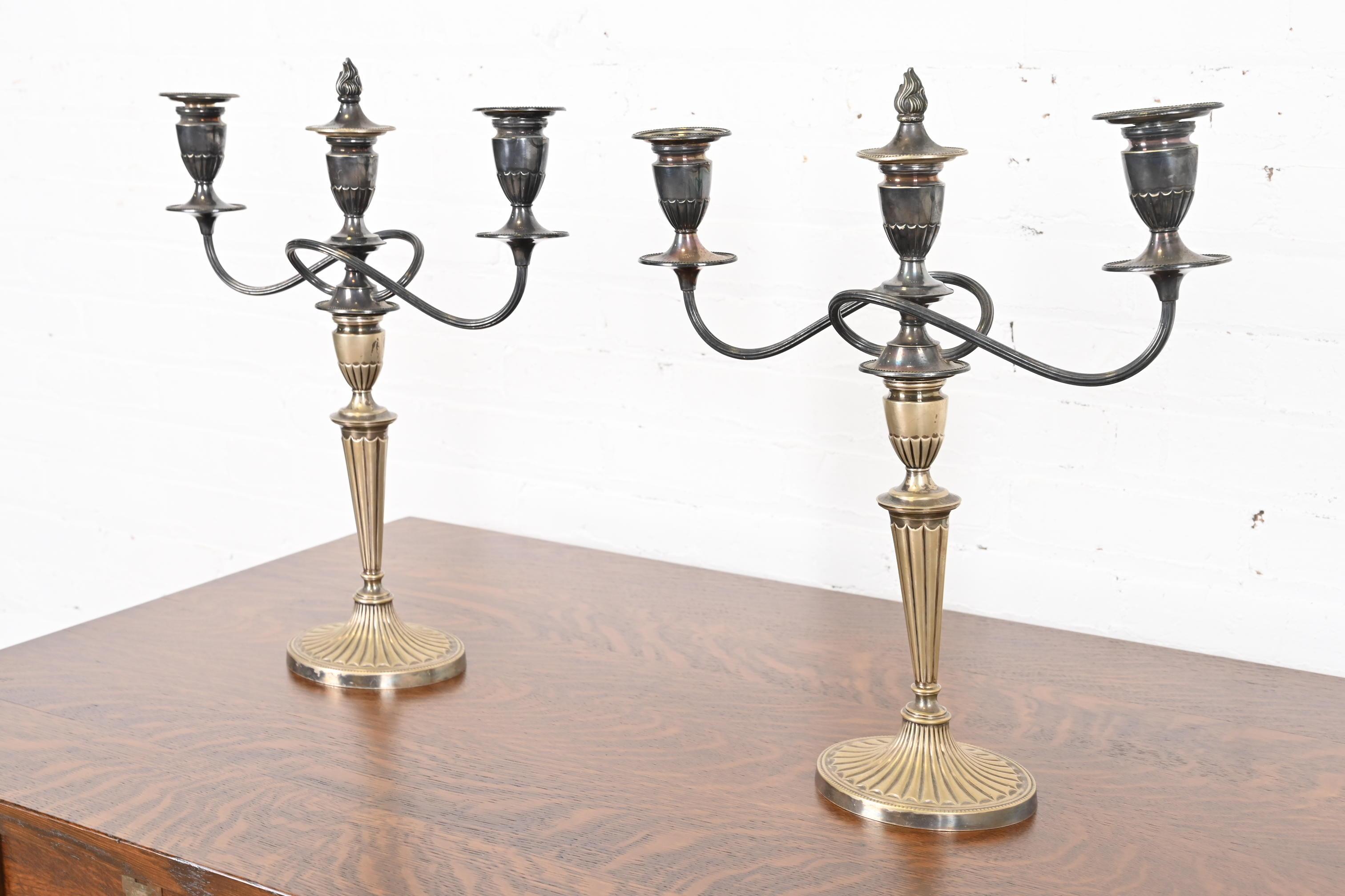 Silver Plate Gorham Antique Regency Silver Two-Arm Candelabra, Pair For Sale
