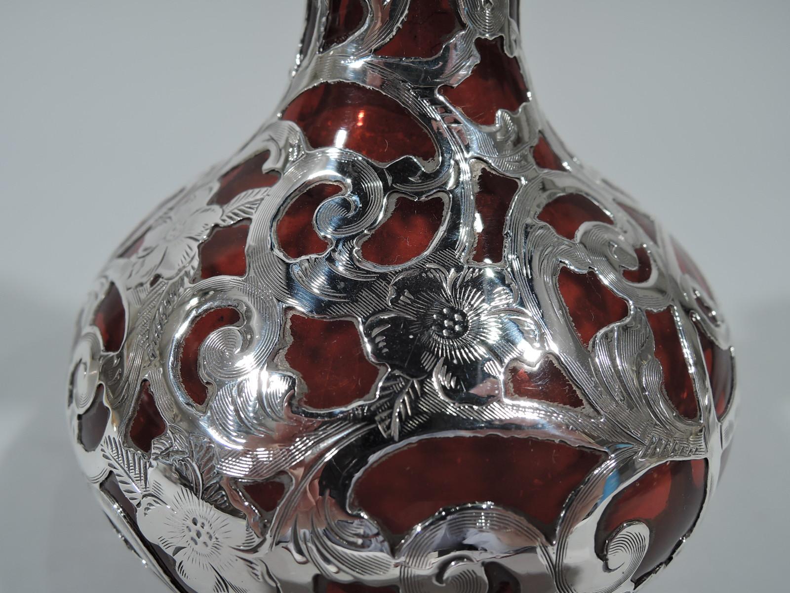 Gorham Art Nouveau Cranberry Red Glass Silver Overlay Perfume In Excellent Condition In New York, NY