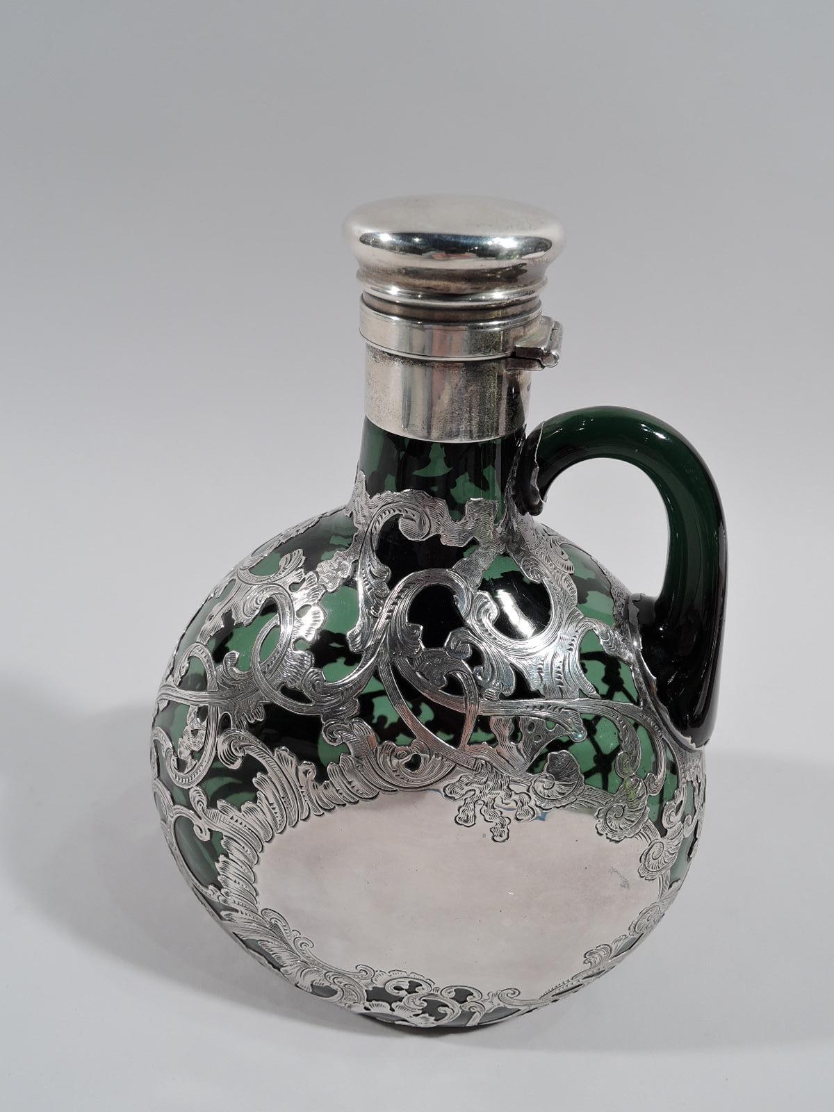 American Gorham Art Nouveau Green Silver Overlay Jug Decanter