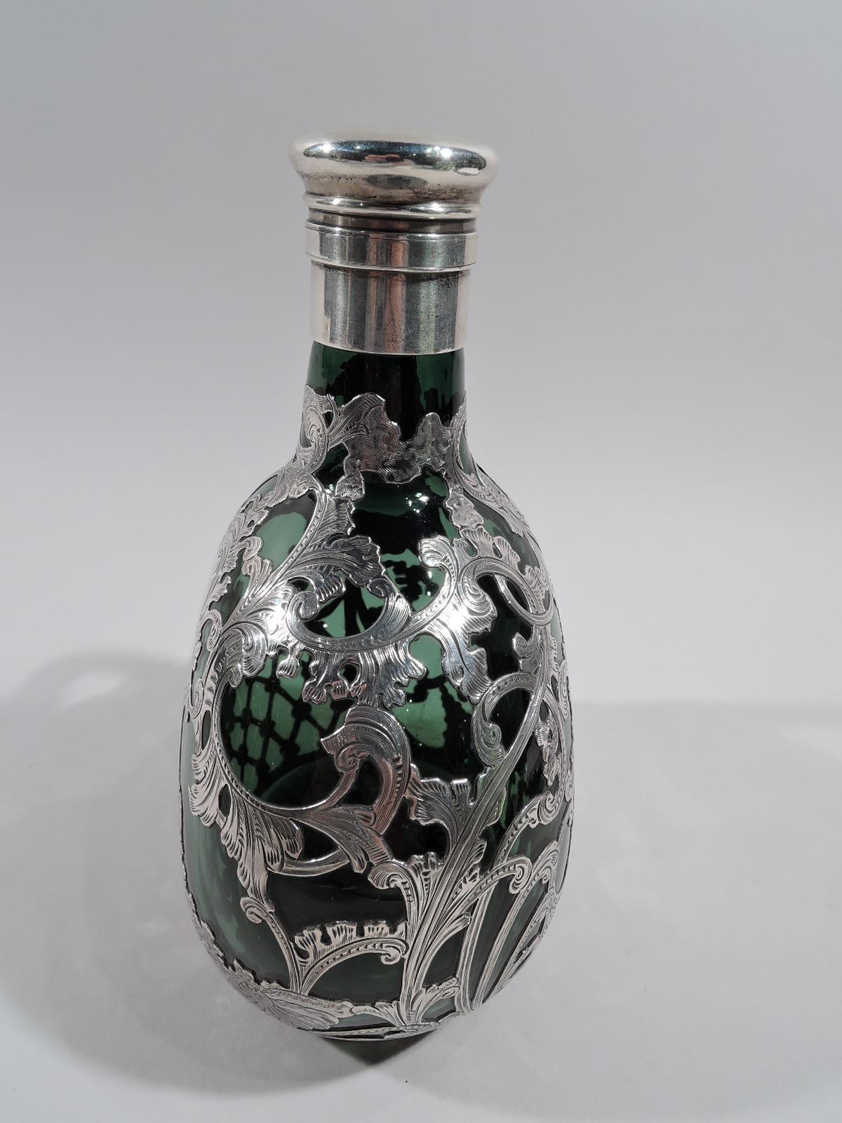 Gorham Art Nouveau Green Silver Overlay Jug Decanter In Excellent Condition In New York, NY