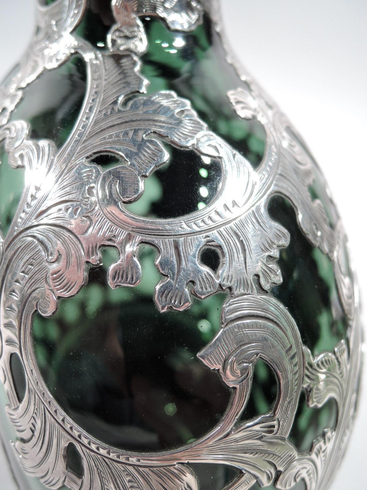 Gorham Art Nouveau Green Silver Overlay Jug Decanter 1