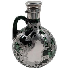 Gorham Art Nouveau Green Silver Overlay Jug Decanter