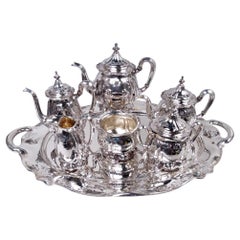 Gorham Art Nouveau Martelé Silver Coffee & Tea Set on Tray