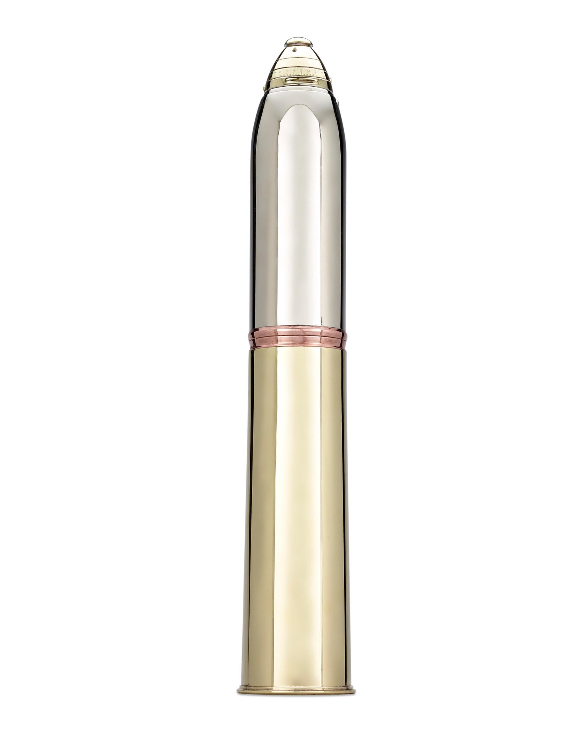 This rare silver-plated artillery shell cocktail shaker was crafted by the celebrated Gorham Silver Company. Sleek and aerodynamic, the shaker is one of the tallest ever produced and, as a drink-making kit, it is a model of efficiency. The base of