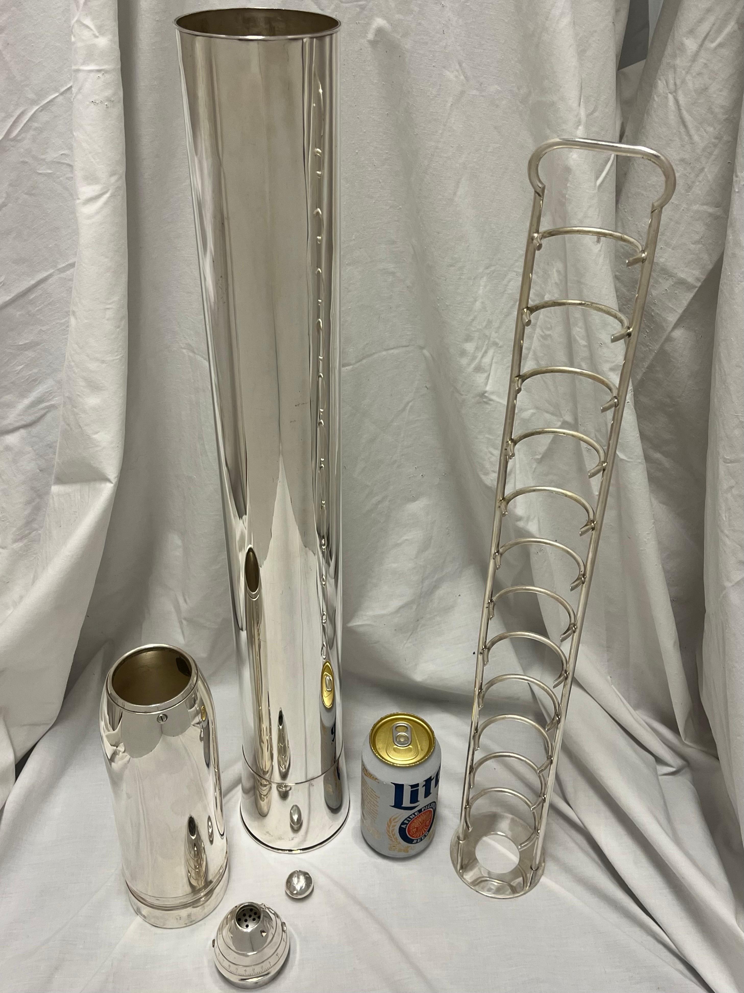 American Gorham Artillery Shell Silver Plate 37 inch Antique Cocktail Shaker with Rack For Sale