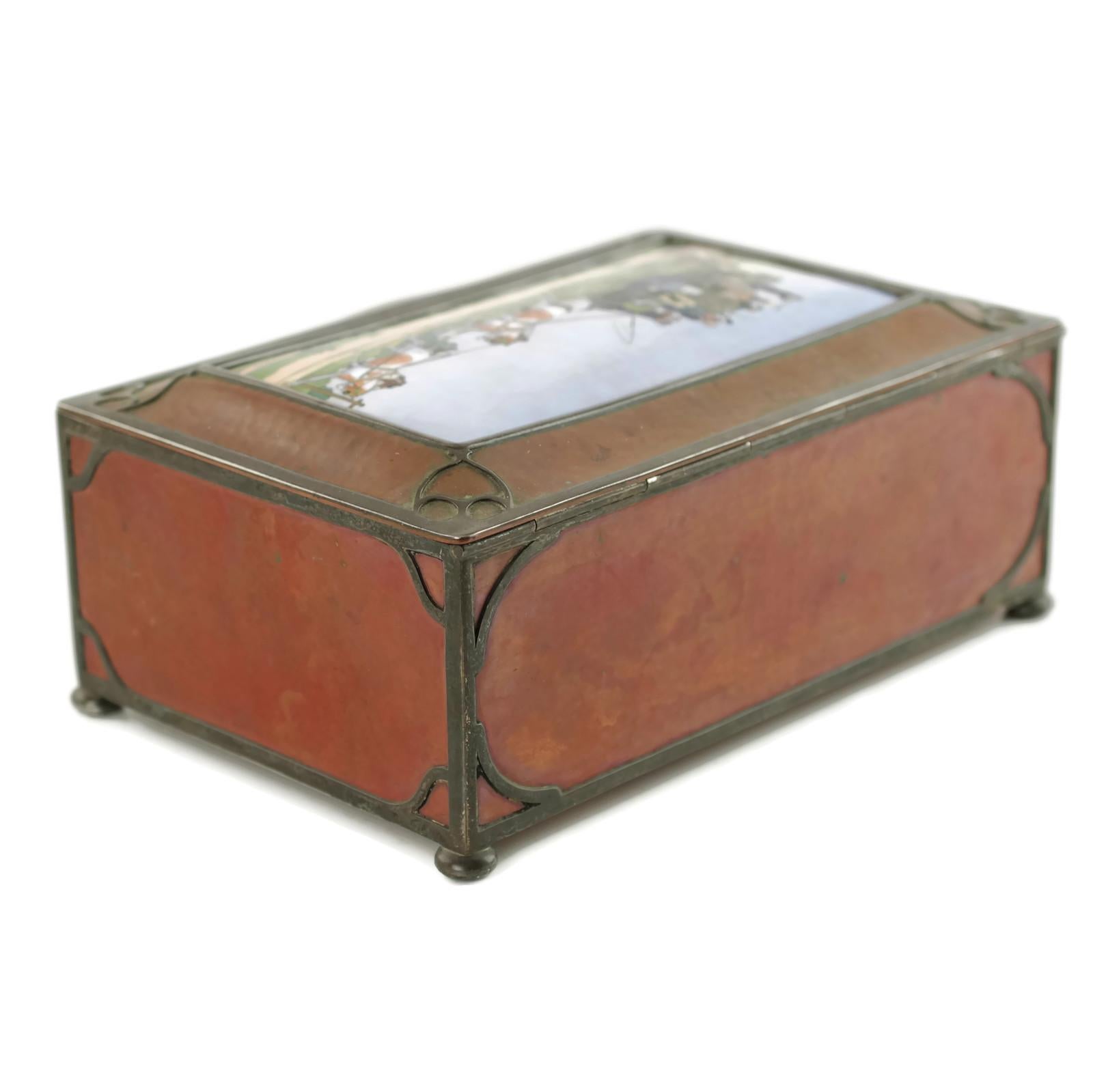 Gorham Athenic Cigar Box with Cecil Aldin Enameled Plaque and Silver Decoration For Sale 2