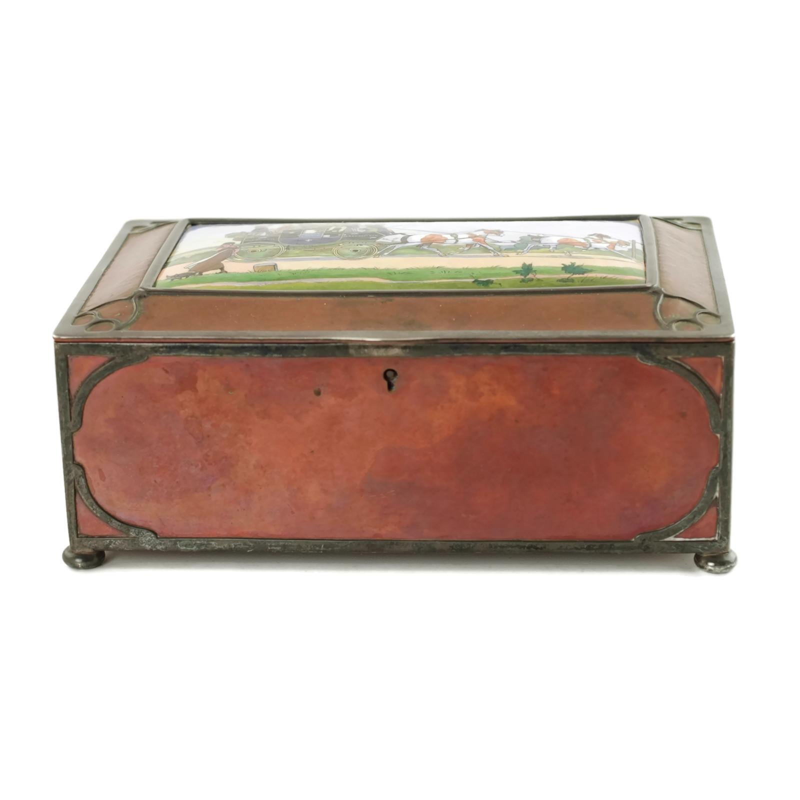 American Gorham Athenic Cigar Box with Cecil Aldin Enameled Plaque and Silver Decoration For Sale