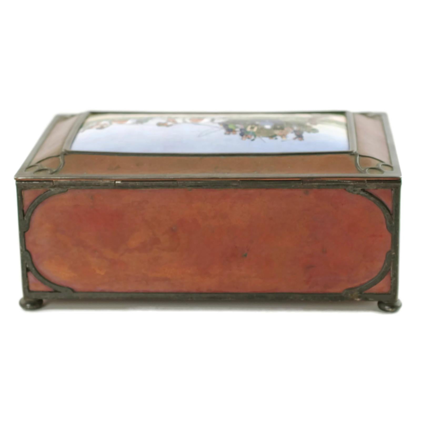 20th Century Gorham Athenic Cigar Box with Cecil Aldin Enameled Plaque and Silver Decoration For Sale