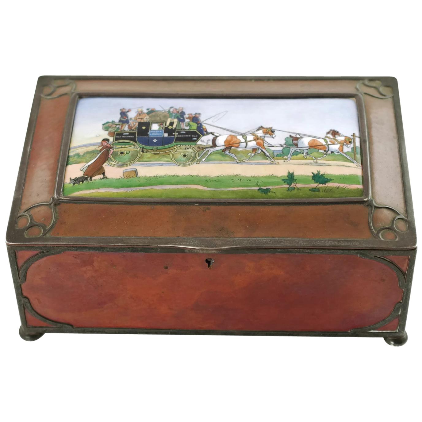 Gorham Athenic Cigar Box with Cecil Aldin Enameled Plaque and Silver Decoration For Sale