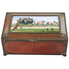 Used Gorham Athenic Cigar Box with Cecil Aldin Enameled Plaque and Silver Decoration