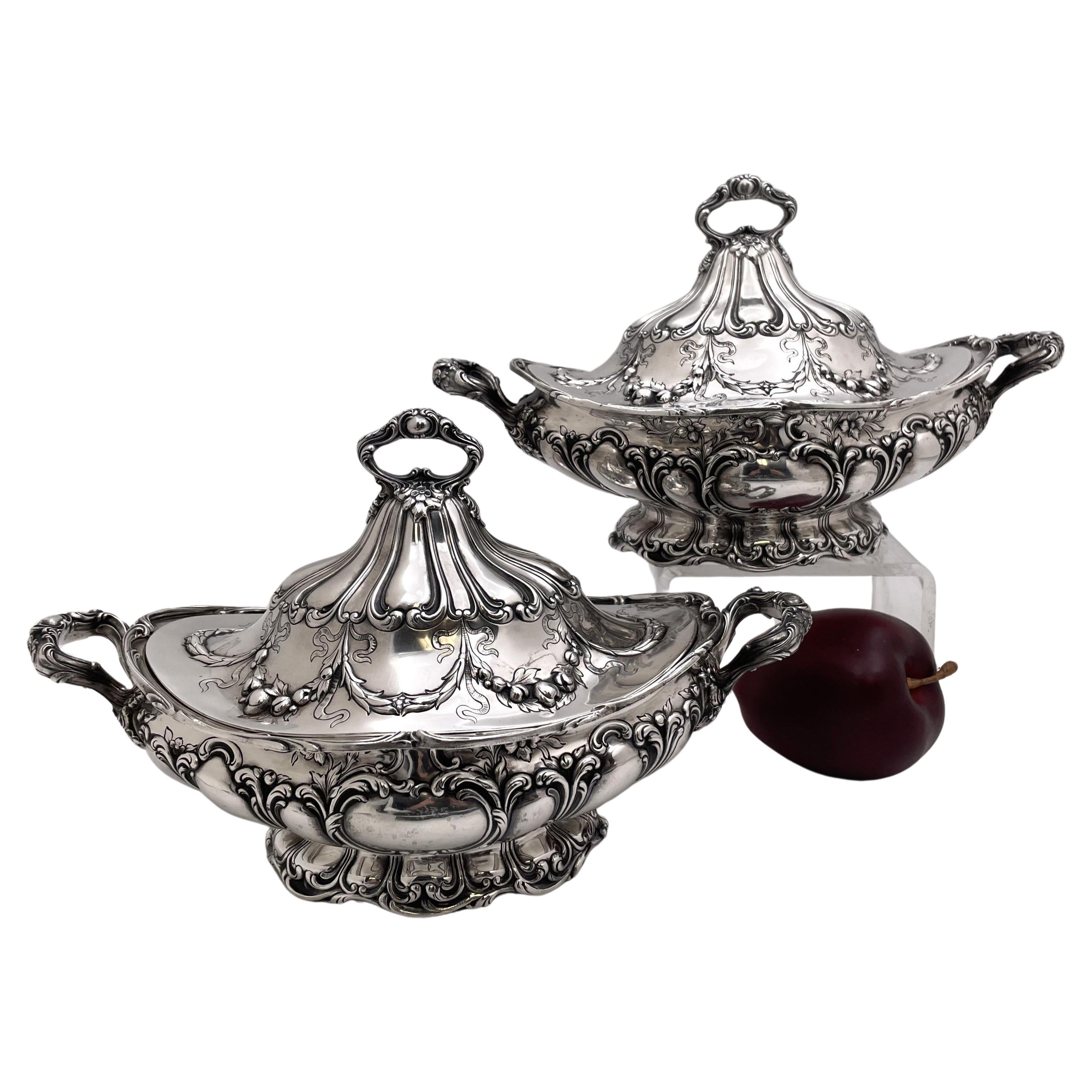 Gorham Chantilly Grande Pair of Sterling Silver 1900 Tureens Art Nouveau Style