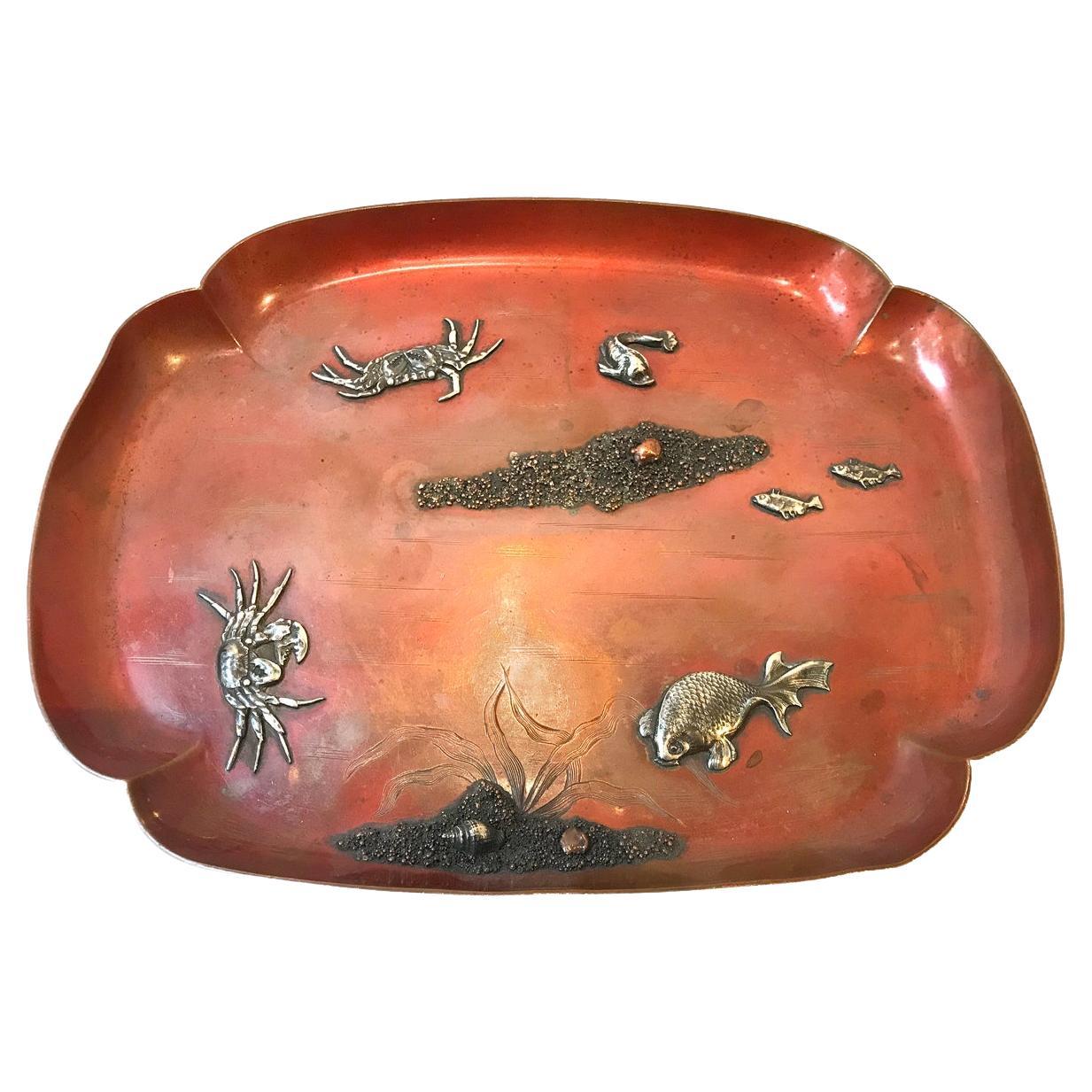 Gorham & Co Aesthetic Movement Tray with Crabs Made of Copper and Silver