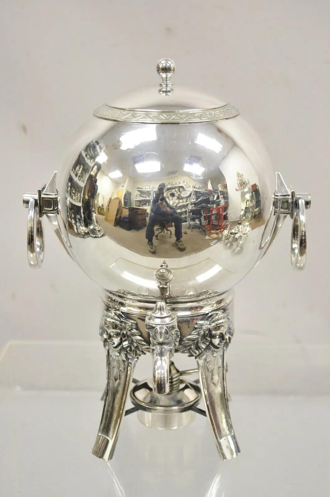 Antique Gorham Co Figural Silver Plated Art Deco Ball Form Samovar Hot Water Drinks Dispenser. Item features  