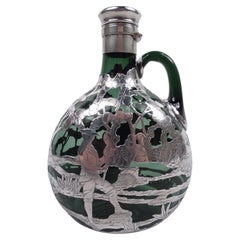 Gorham Colonial Revival Green Decanter with Pictorial Silver Overlay