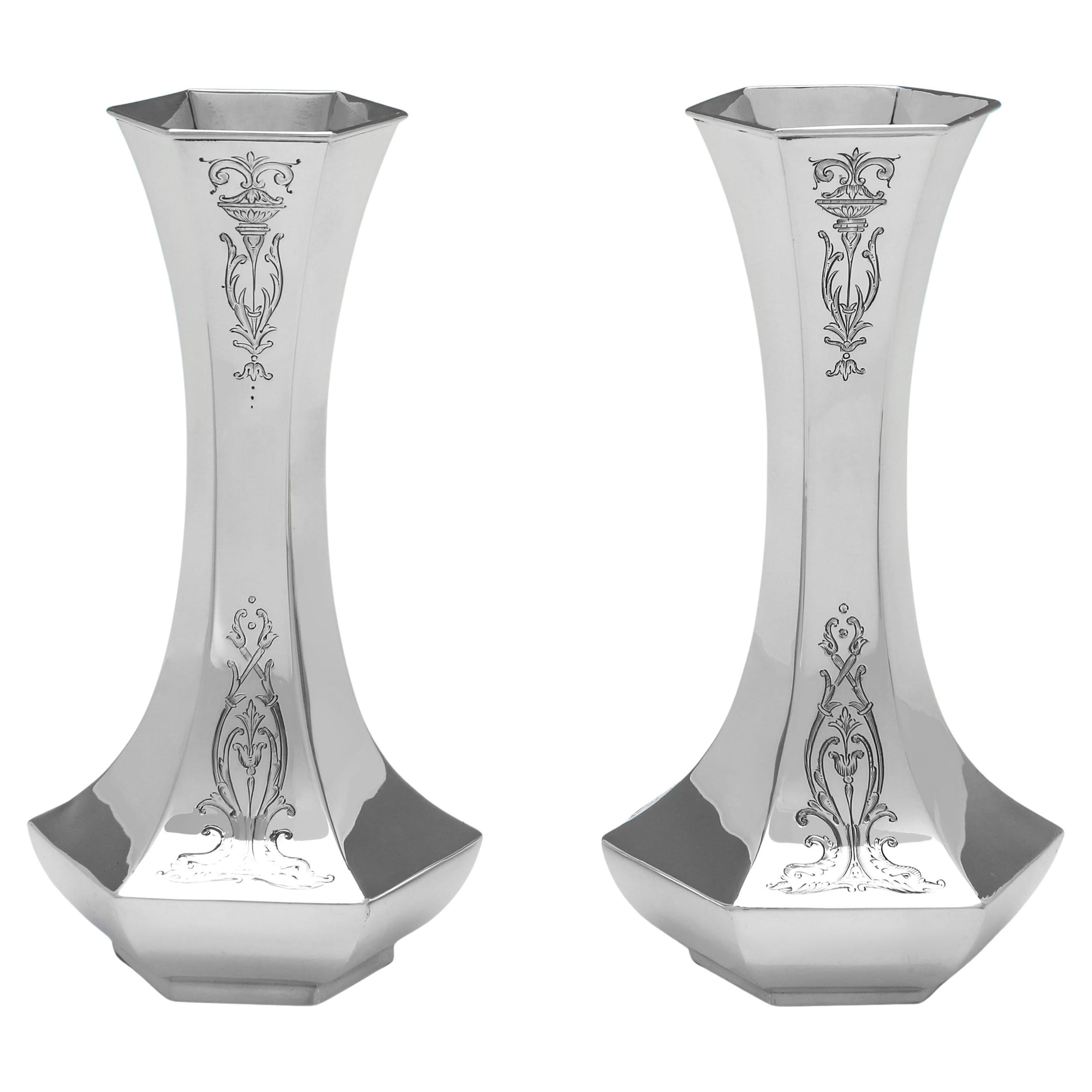 Gorham - Edwardian sterling silver pair of flower vases made in Birmingham 1908