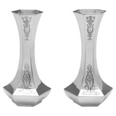 Antique Gorham - Edwardian sterling silver pair of flower vases made in Birmingham 1908
