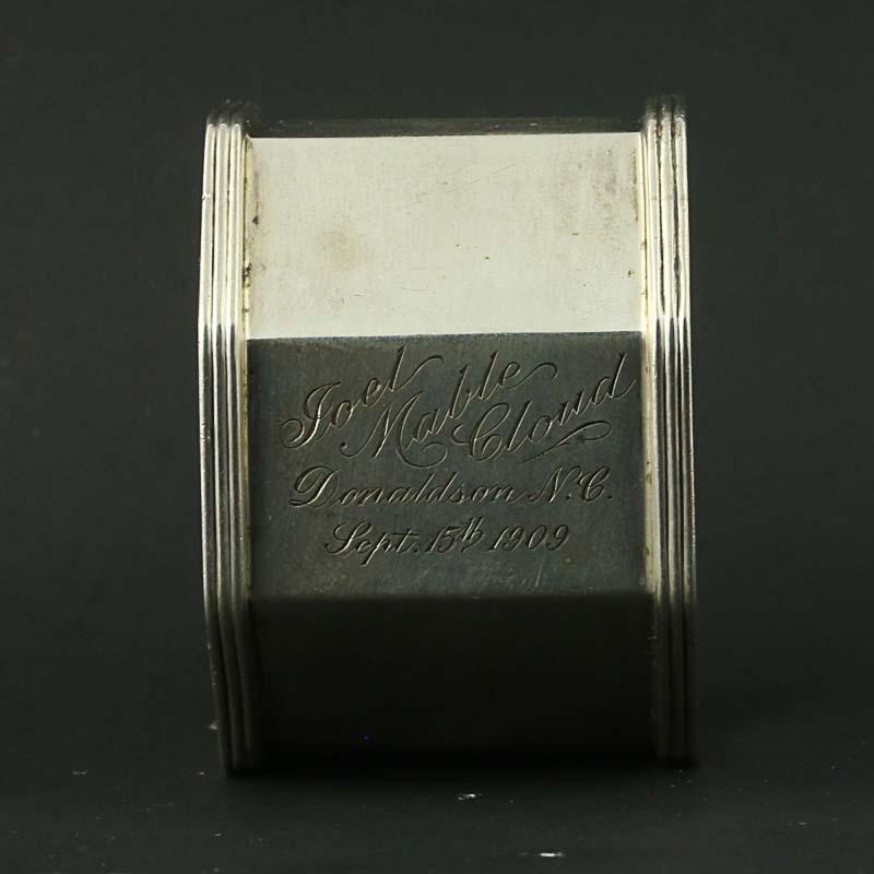 For Sale:  Gorham Engraved 1909 Napkin Ring, Sterling Silver Hollowware Octagon B3100 3