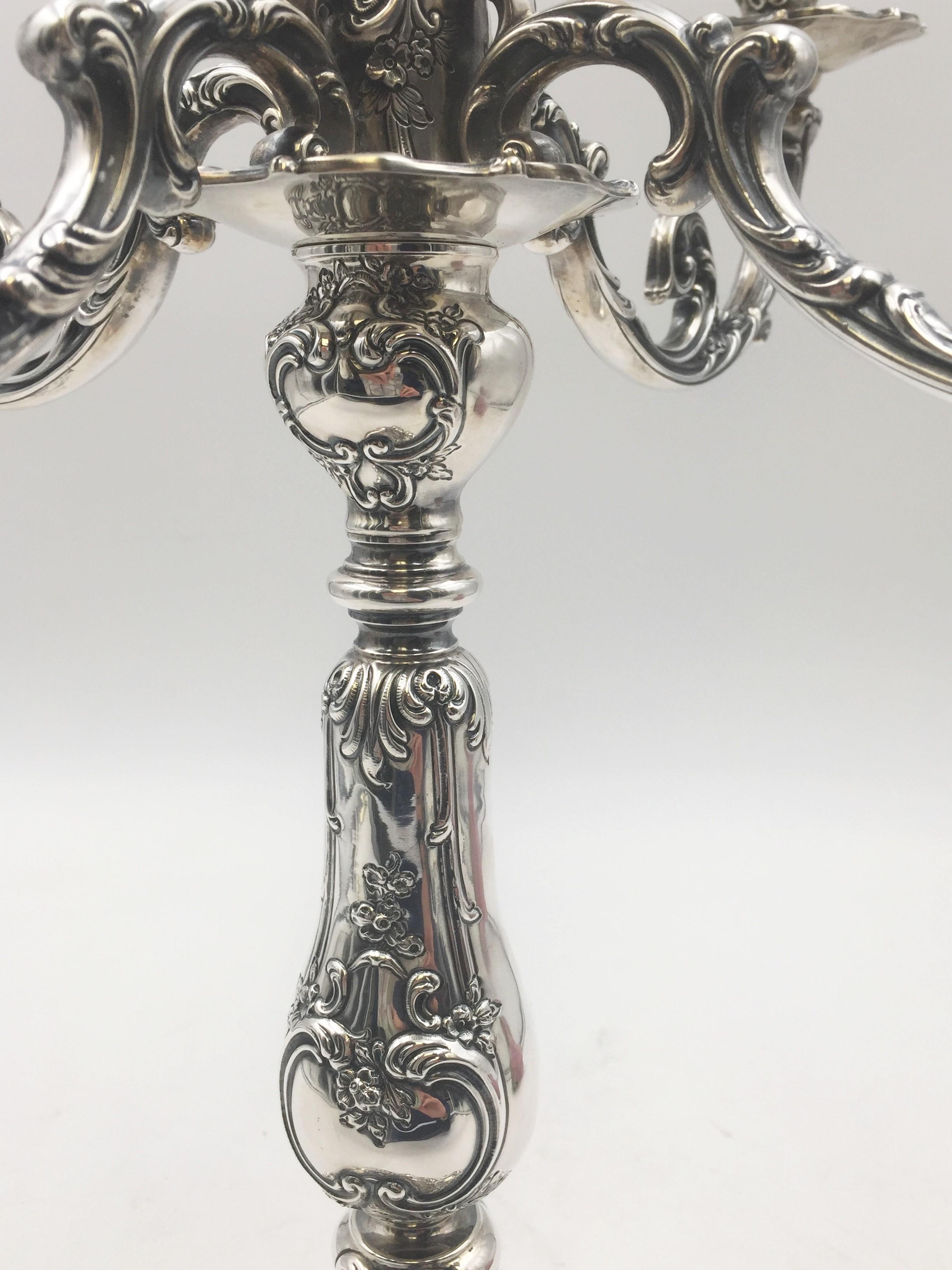 Gorham Five-Light Sterling Silver Candelabra in Chantilly Pattern In Good Condition In New York, NY