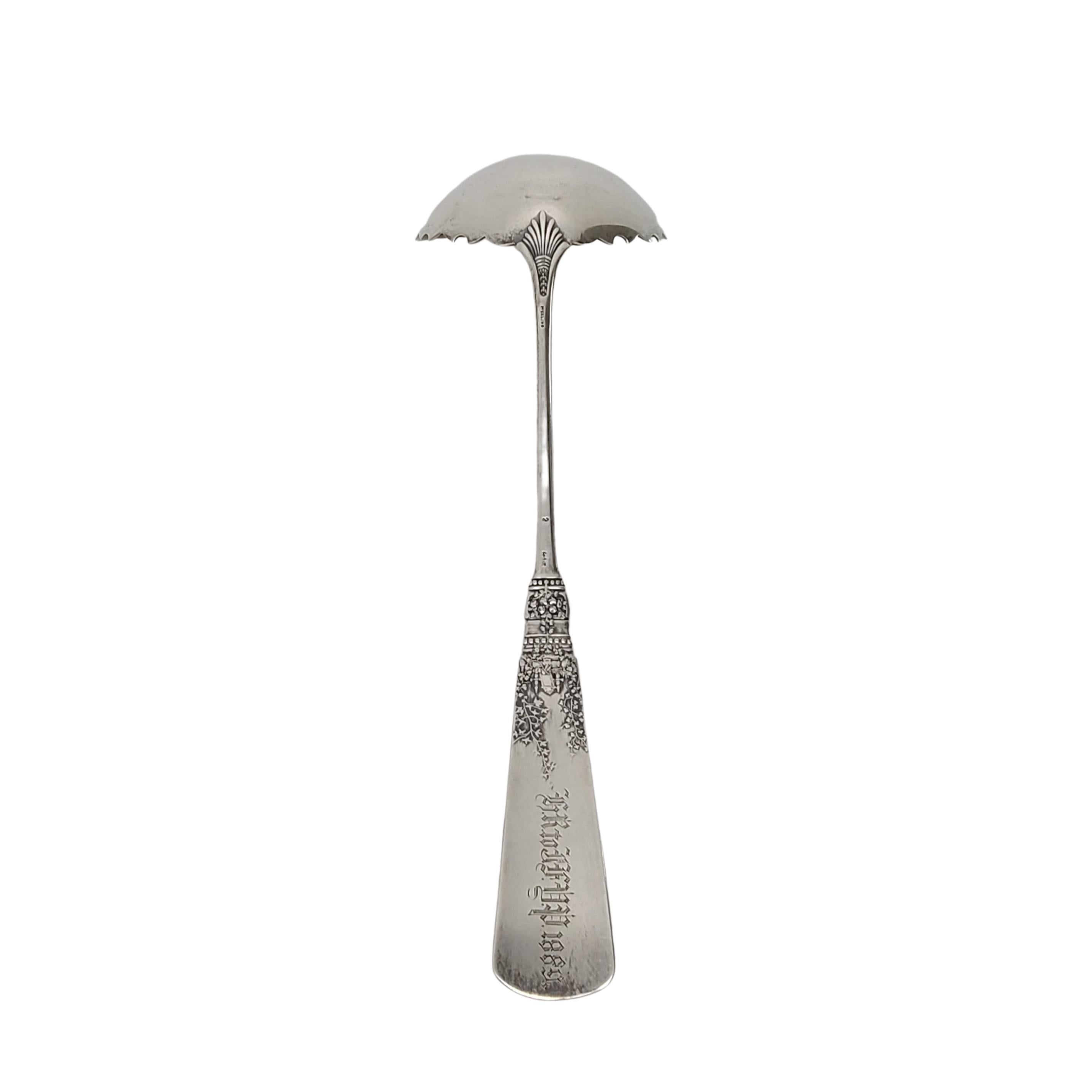 Sterling silver oyster ladle by Gorham in the Fountainebleau pattern.

Engraved GR to JFDP 1889

Gorham's Fountainebleau pattern is Antoine Heller's first design for Gorham in 1882. It is a multi-motif pattern that features characters from the