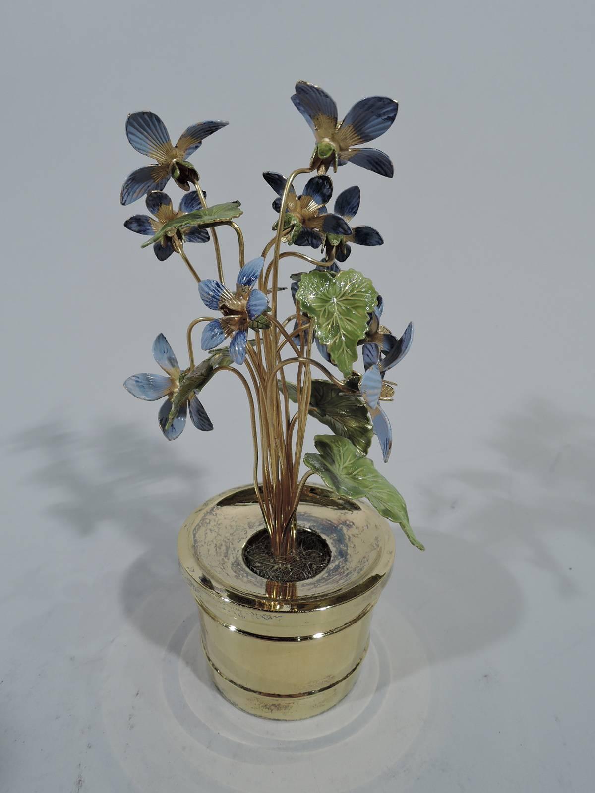 Gilt and enameled sterling silver flowerpot. Made by Gorham in Providence. A pretty novelty in form of gilt-stemmed violets with shaded-purple petals and green leaves planted in a gilt pot. Hallmarked.