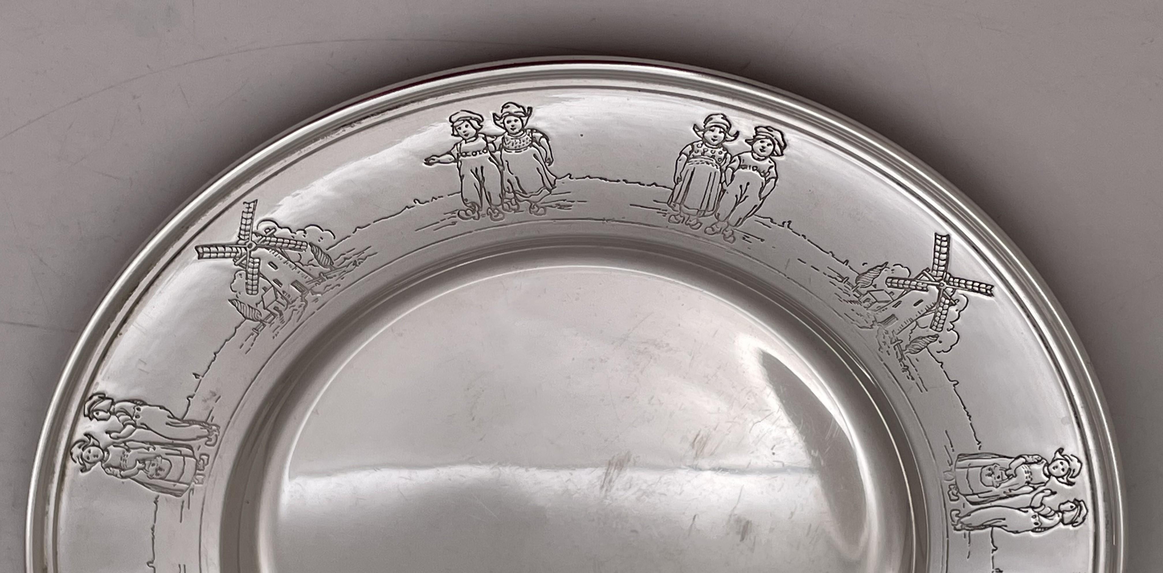 Gorham Vergoldetes Sterling Silber 1927 Kind Schüssel & Unterteller mit Kinder Motiven im Zustand „Gut“ im Angebot in New York, NY