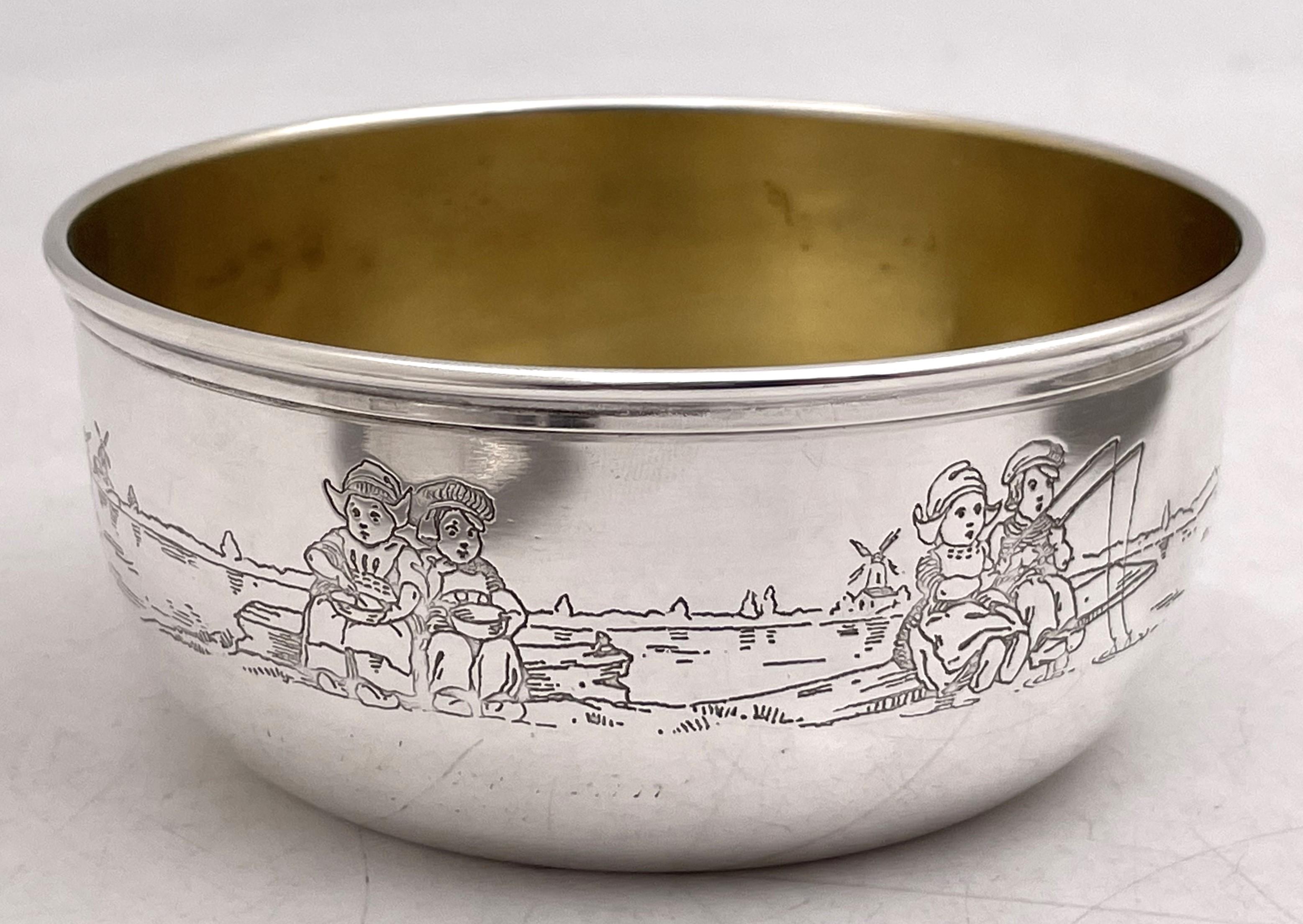 Early 20th Century Gorham Gilt Sterling Silver 1927 Child Bowl & Underplate with Children Motifs For Sale