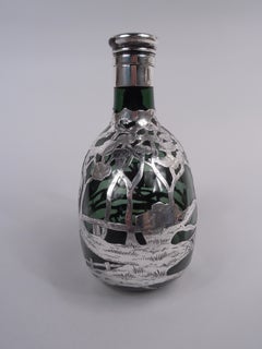 Gorham Green Decanter with Ye Olden Days Pictorial Silver Overlay