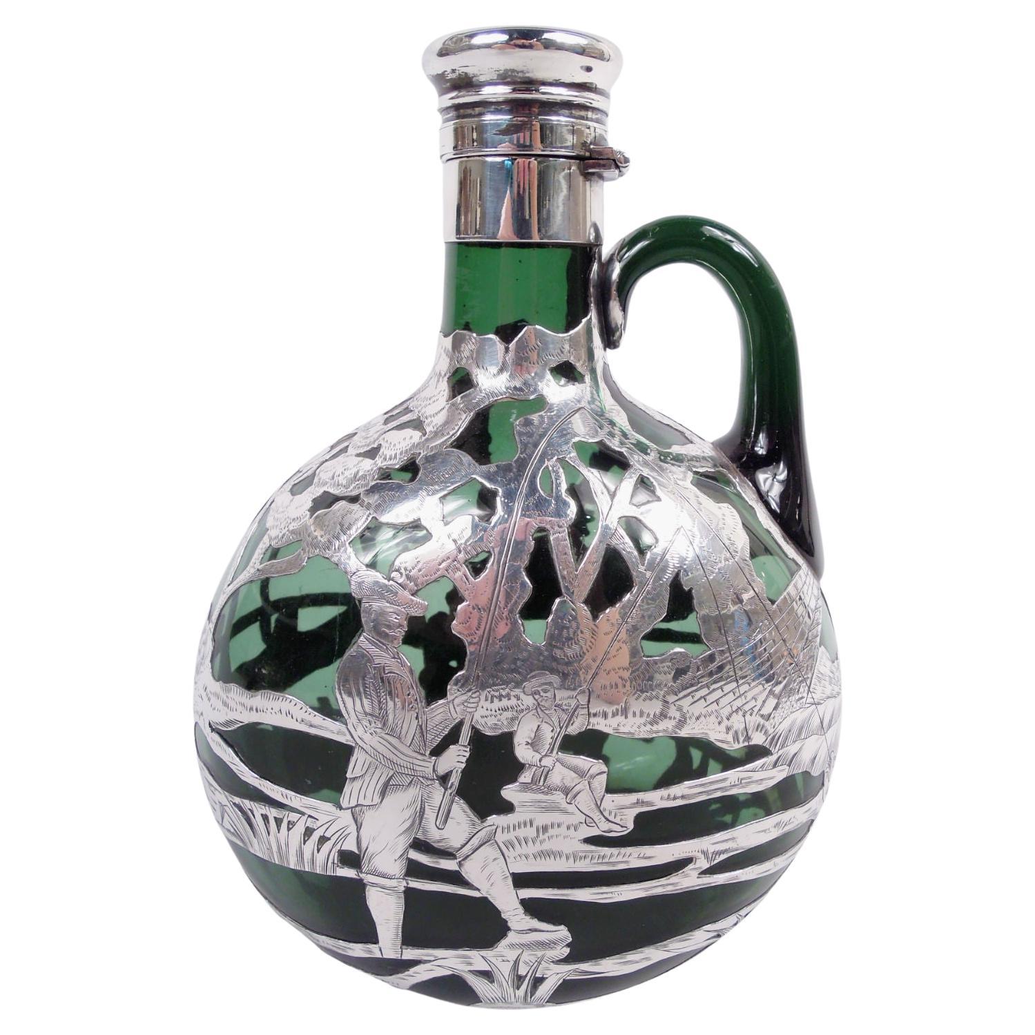 Gorham Green Decanter with Ye Olden Days Pictorial Silver Overlay