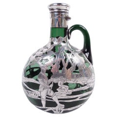 Gorham Green Decanter with Ye Olden Days Pictorial Silver Overlay