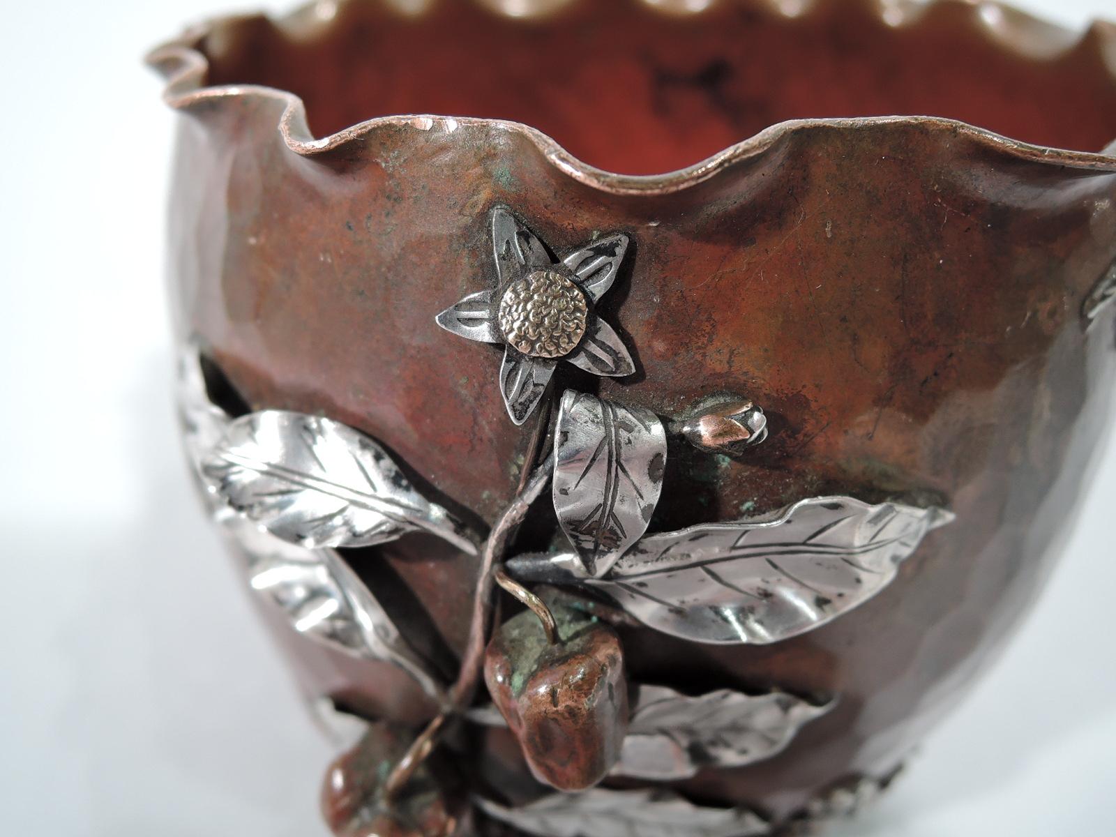 Hammered Gorham Japonesque Copper and Silver Mixed Metal Bird and Butterfly Bowl