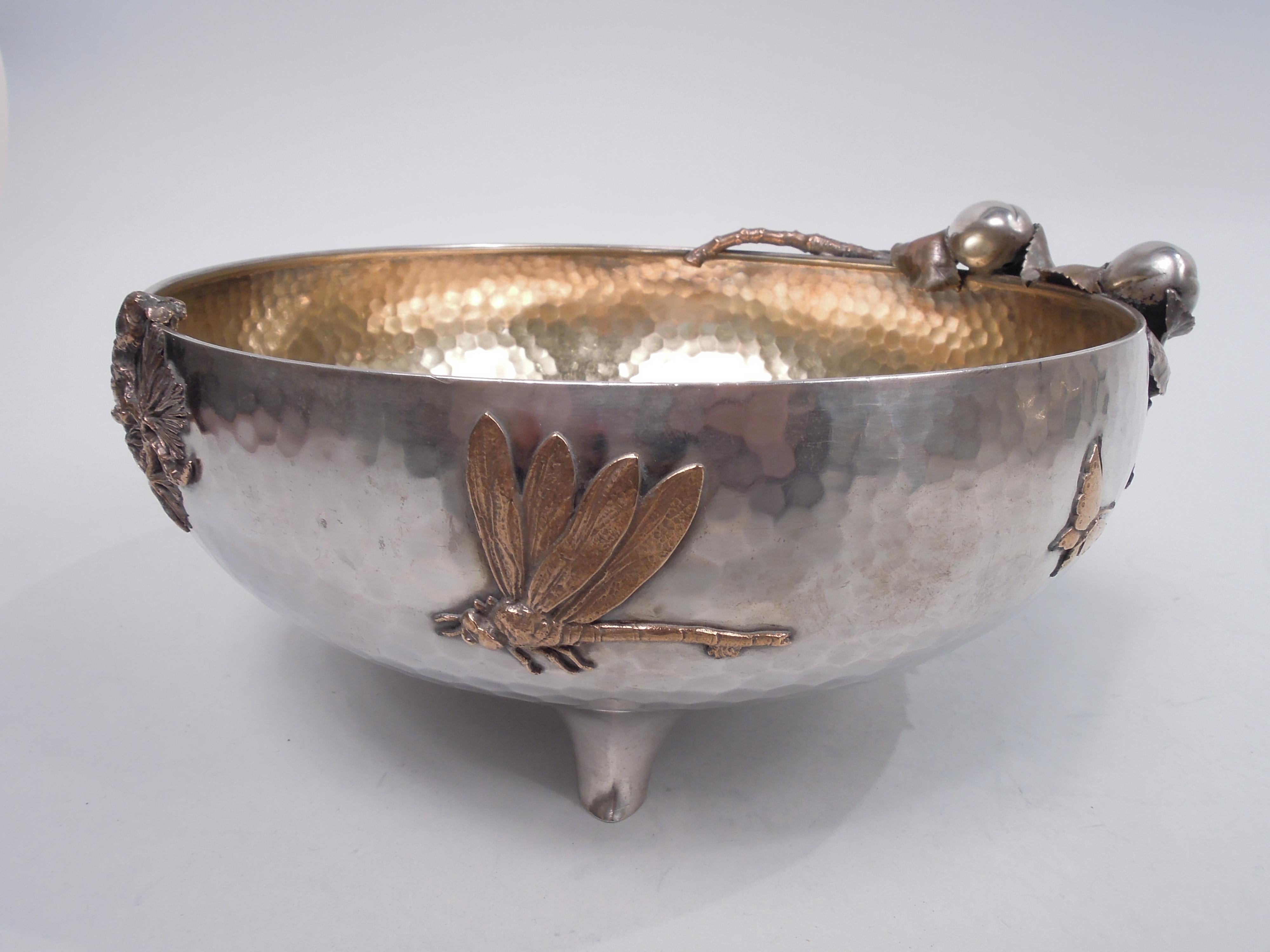 Japonisme Gorham Japonesque Hand-Hammered Mixed Metal Dragonfly Bowl, 1883 For Sale