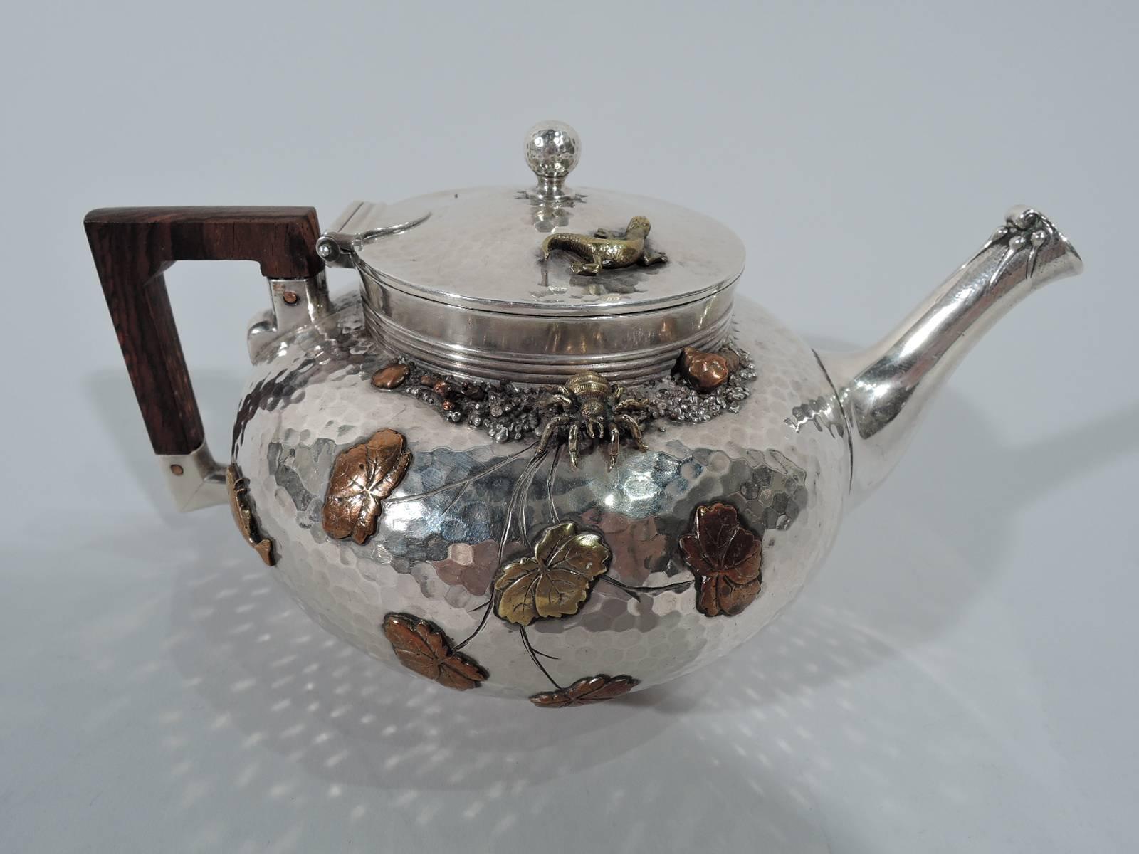 Japonisme Gorham Japonesque Hand-Hammered Sterling Silver and Mixed Metal Tea Set