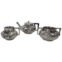 Gorham Japonesque Hand-Hammered Sterling Silver and Mixed Metal Tea Set