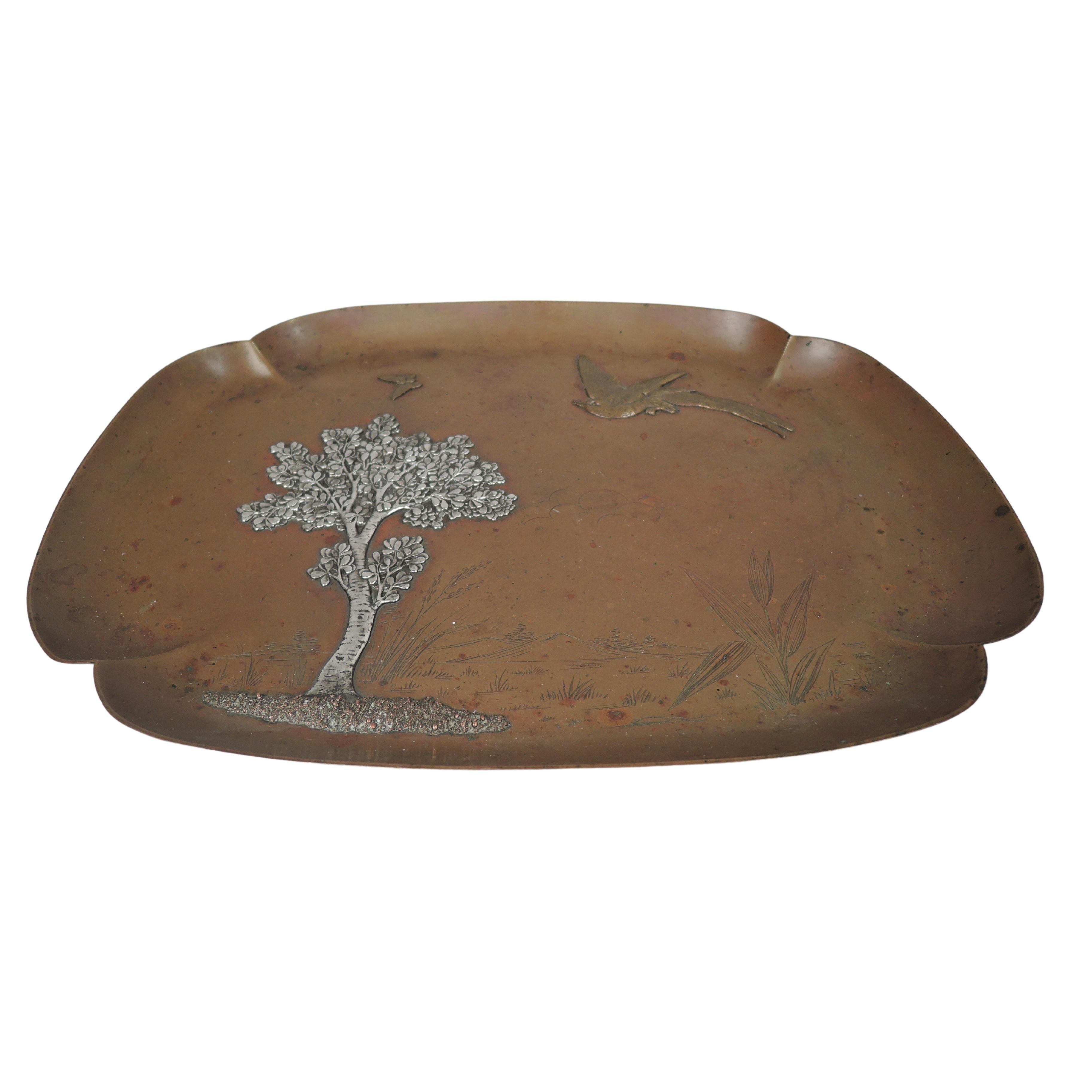 Gorham Japonesque Mixed Metal Bird & Butterfly Copper Tray, 1882 For Sale