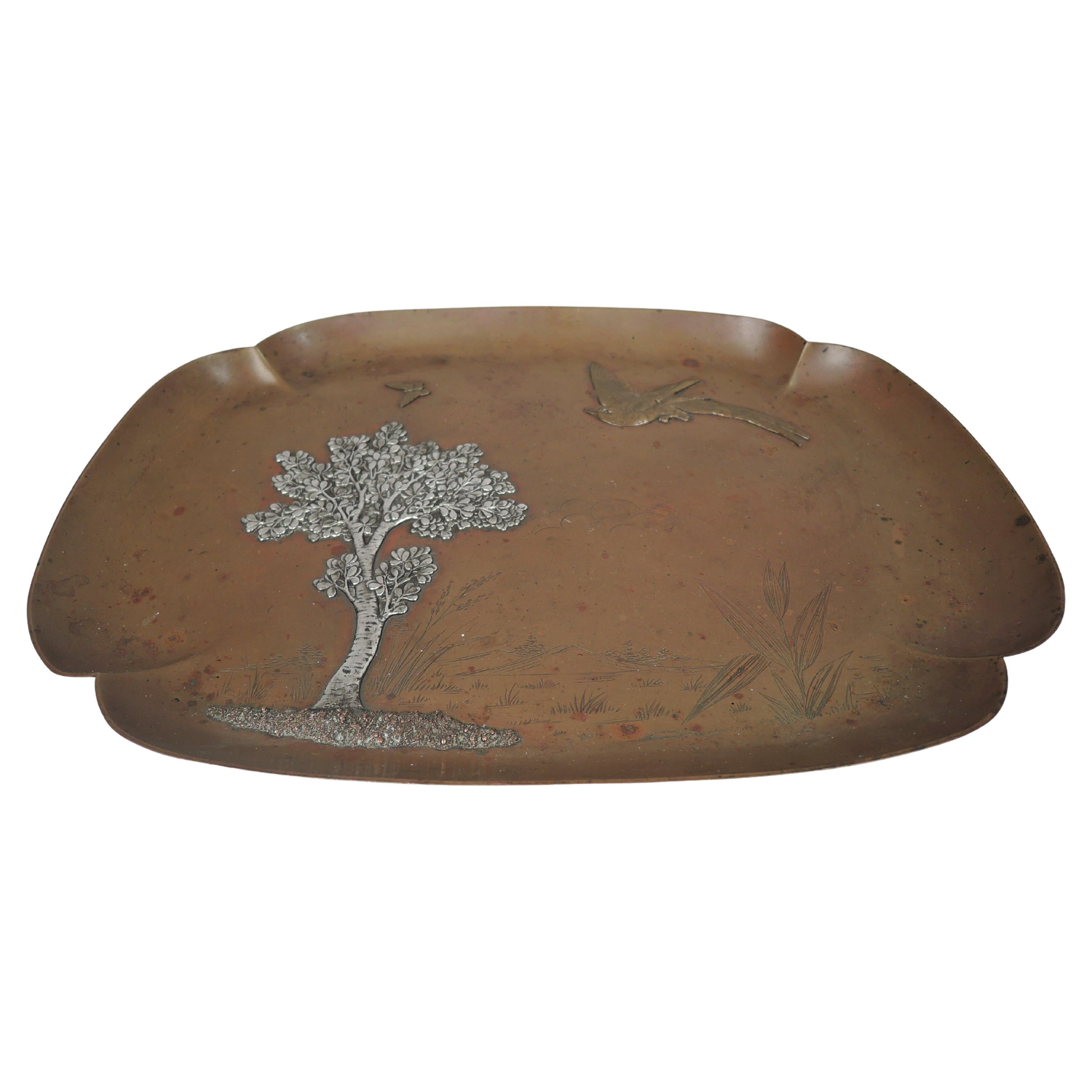 Bandeja de cobre Gorham de metal mixto pájaro y mariposa, 1882 en venta