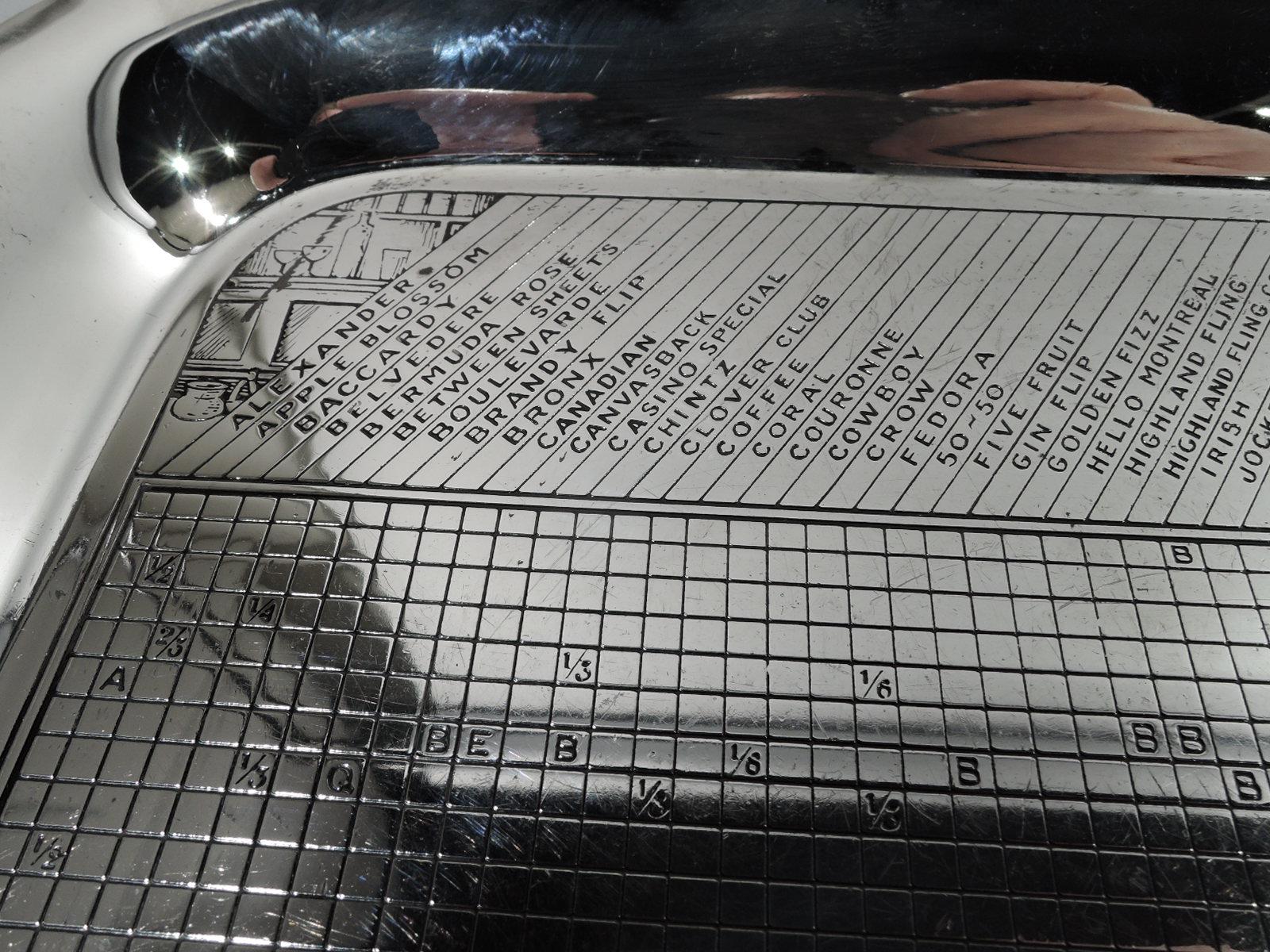 Mid-Century Modern sterling silver bar tray. Made by Gorham in Providence. Square with curved corners, plain and tapering sides, and scalloped corners. Well has engraved drinks-mixing chart in form of grid with ingredients at right and measurements
