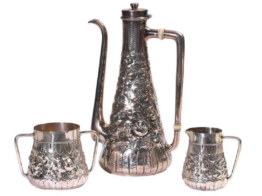 19th Century Gorham Repousse Sterling Silver Three-Piece Coffee Set