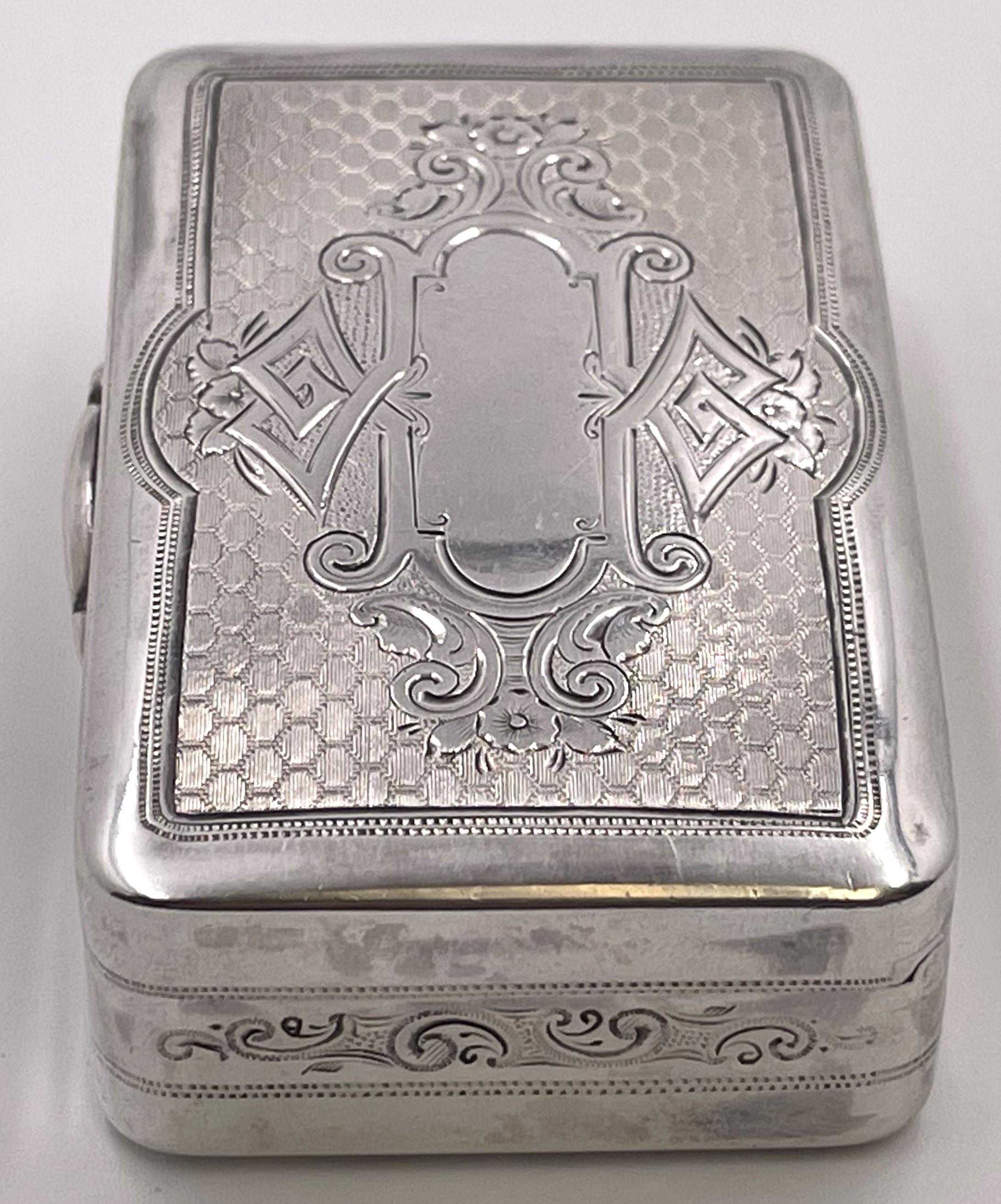Gorham Silber Schnupftabakdose aus der Mitte des 19. Jahrhunderts, innen vergoldet, mit schönem Windel- und geometrischem Muster. Sie misst 3 1/8'' in der Tiefe, 1 7/8'' in der Breite und 7/8'' in der Höhe, wiegt 2,5 Feinunzen und trägt die