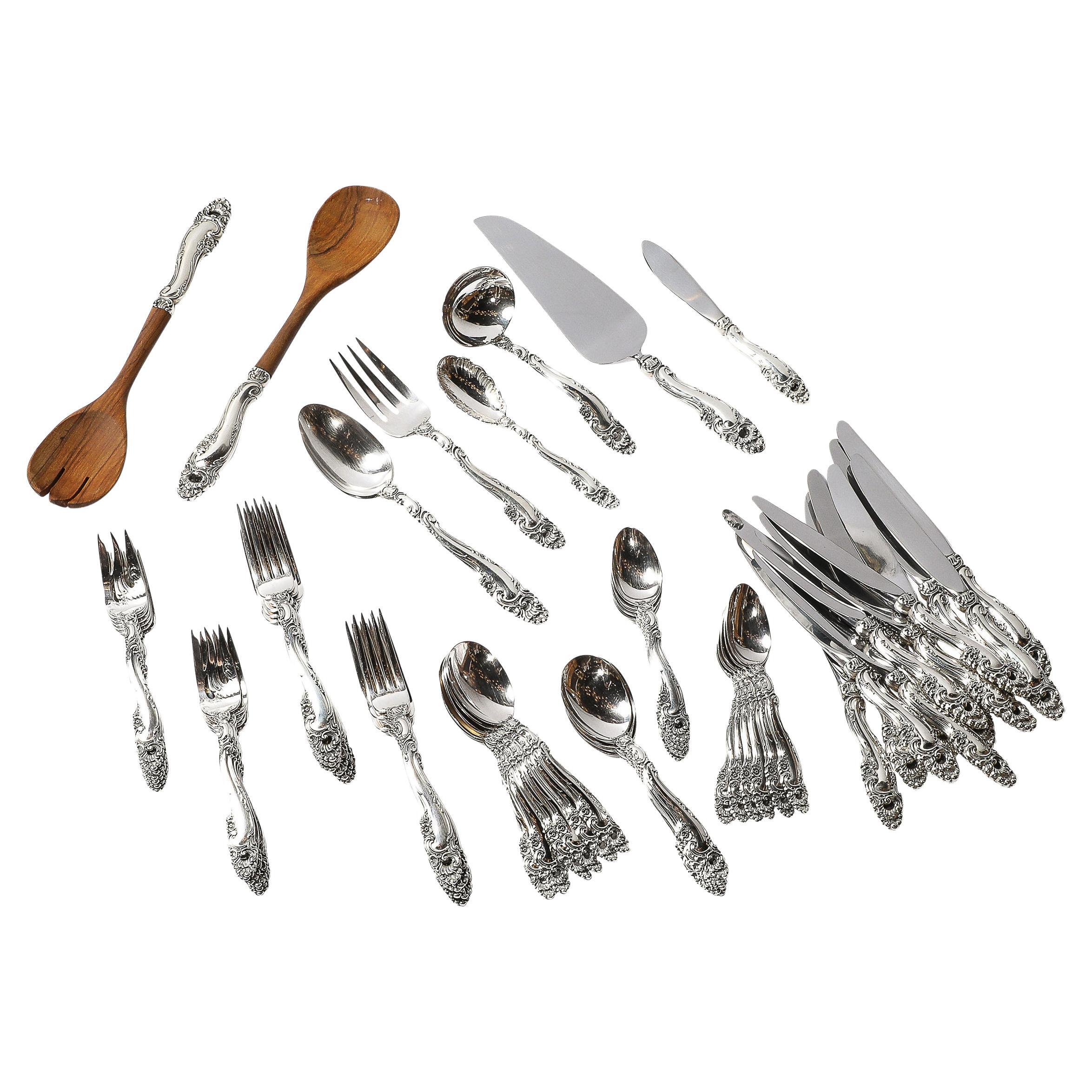 This beautiful Gorham Sterling Silver Decor Pattern Flatware Full Service for 12 originates from the United States, Circa 1950. A complete flatware set rendered in sterling silver in the Decor Pattern by Gorham, the design of each piece features