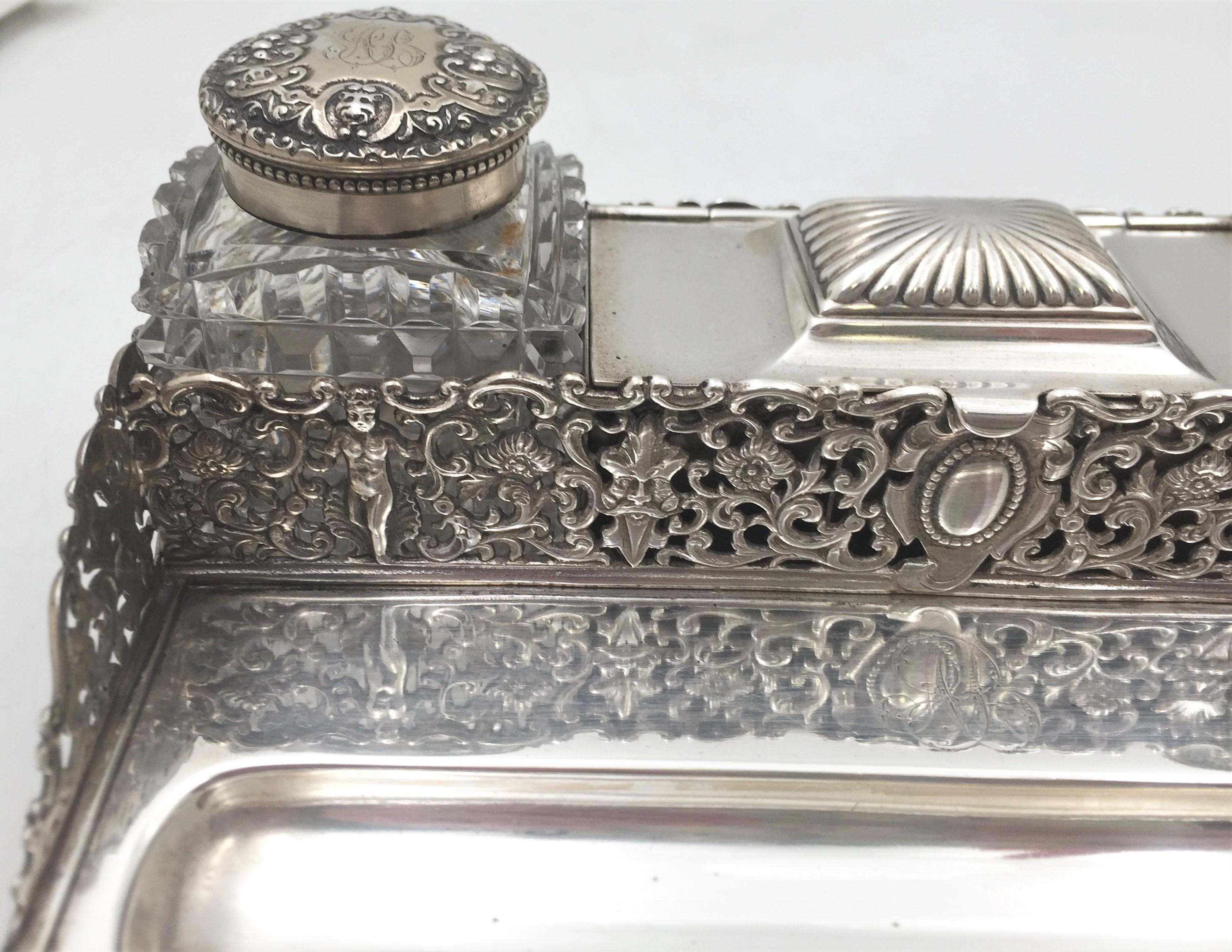 American Gorham Sterling Silver 1886 Table Top Double Inkwell For Sale