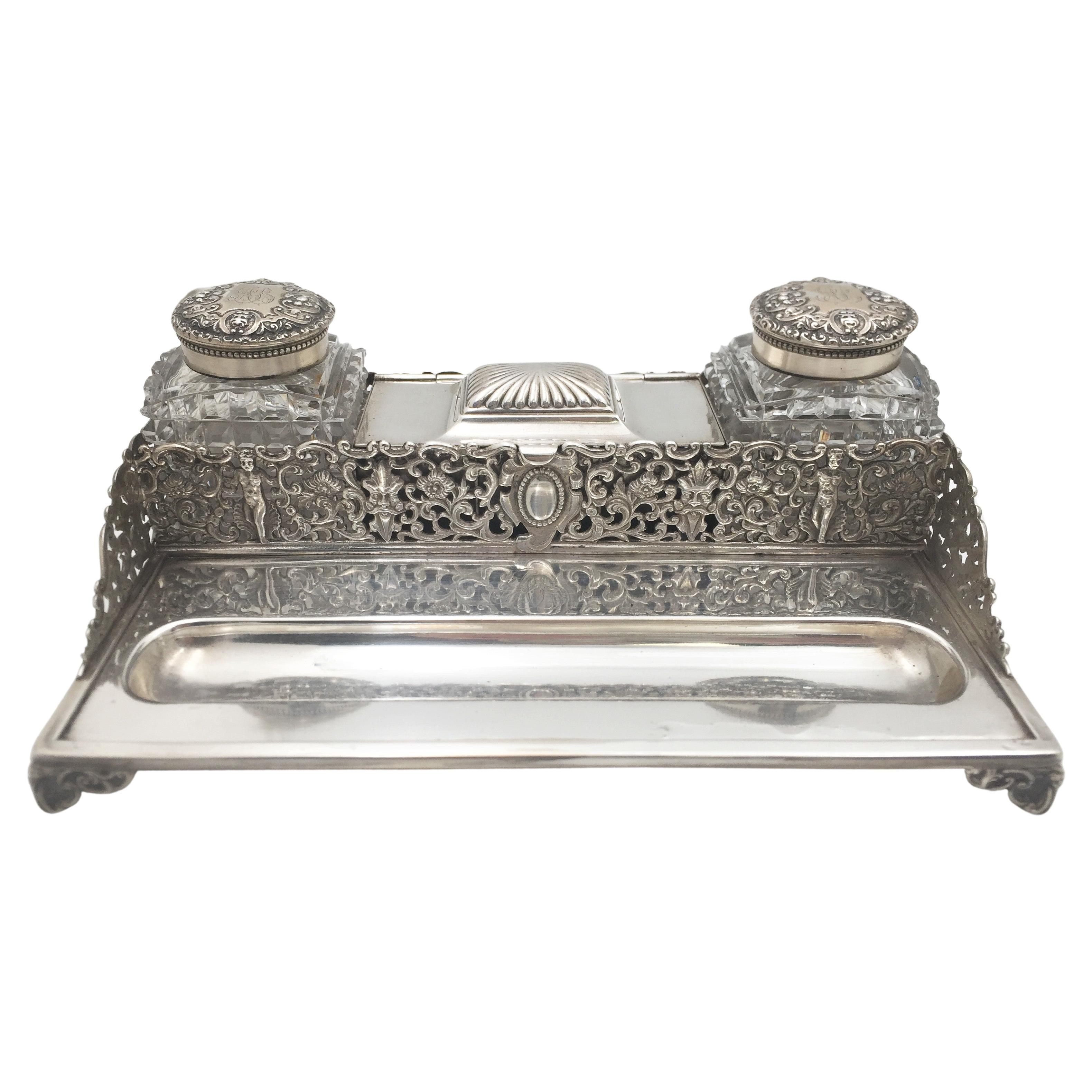 Gorham Sterling Silver 1886 Table Top Double Inkwell For Sale