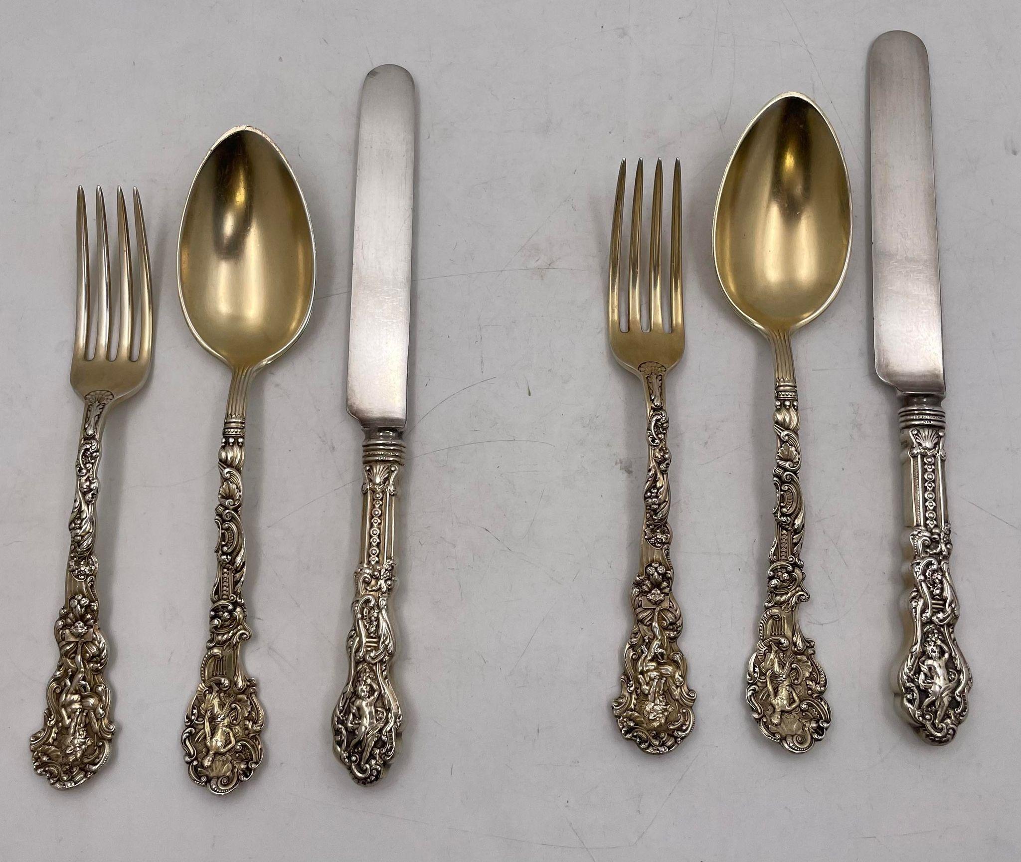 Gorham sterling silver 6-piece set in the Versaille pattern. It contains 2 dinner forks (8.5 in), 2 dinner knife (9.75 in), and 2 table spoons (8.75 in) with beautiful detailing including cherubs and figures. 

 During the heyday of American
