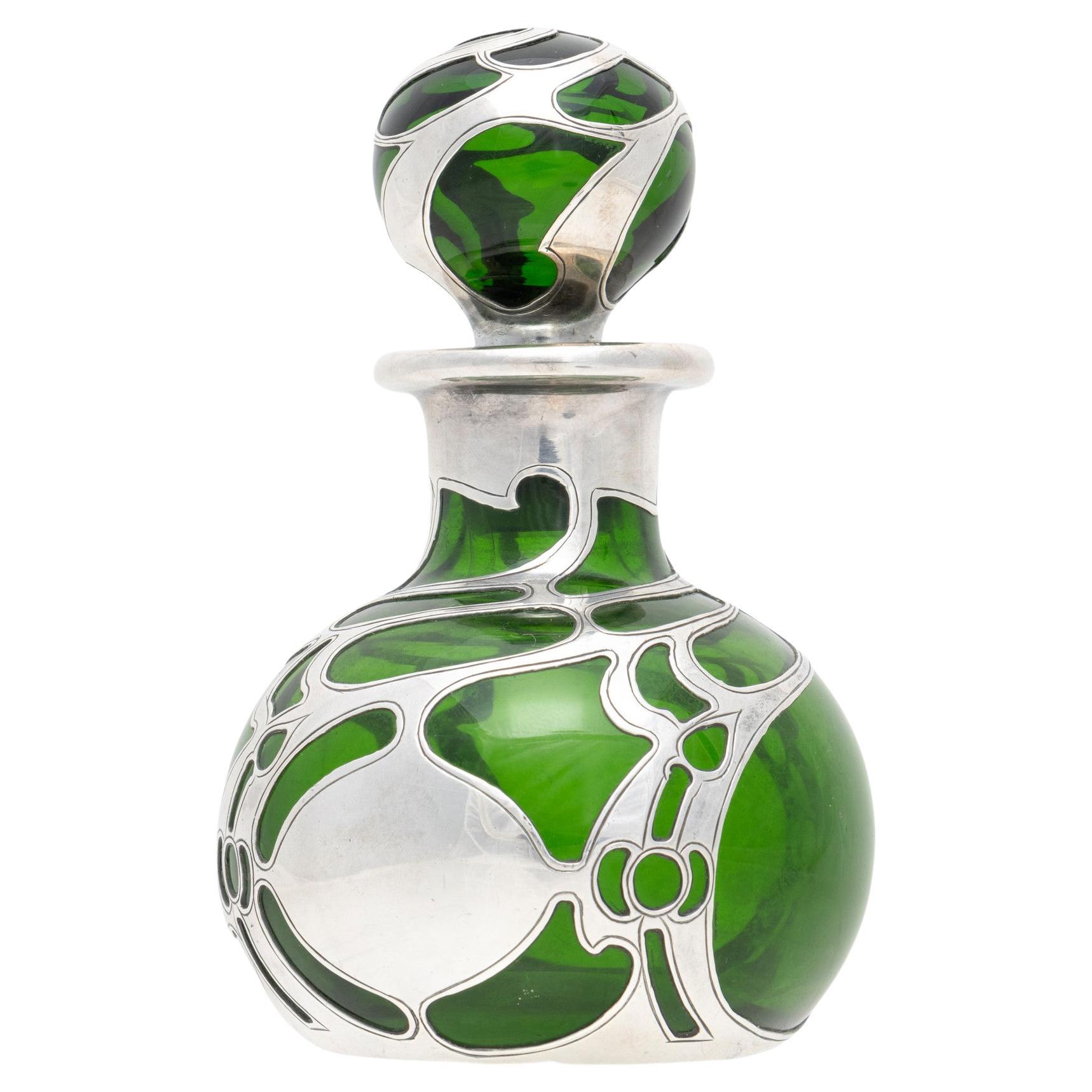 Gorham Sterling Silver and Emerald Glass Overlaid Perfume Bottle